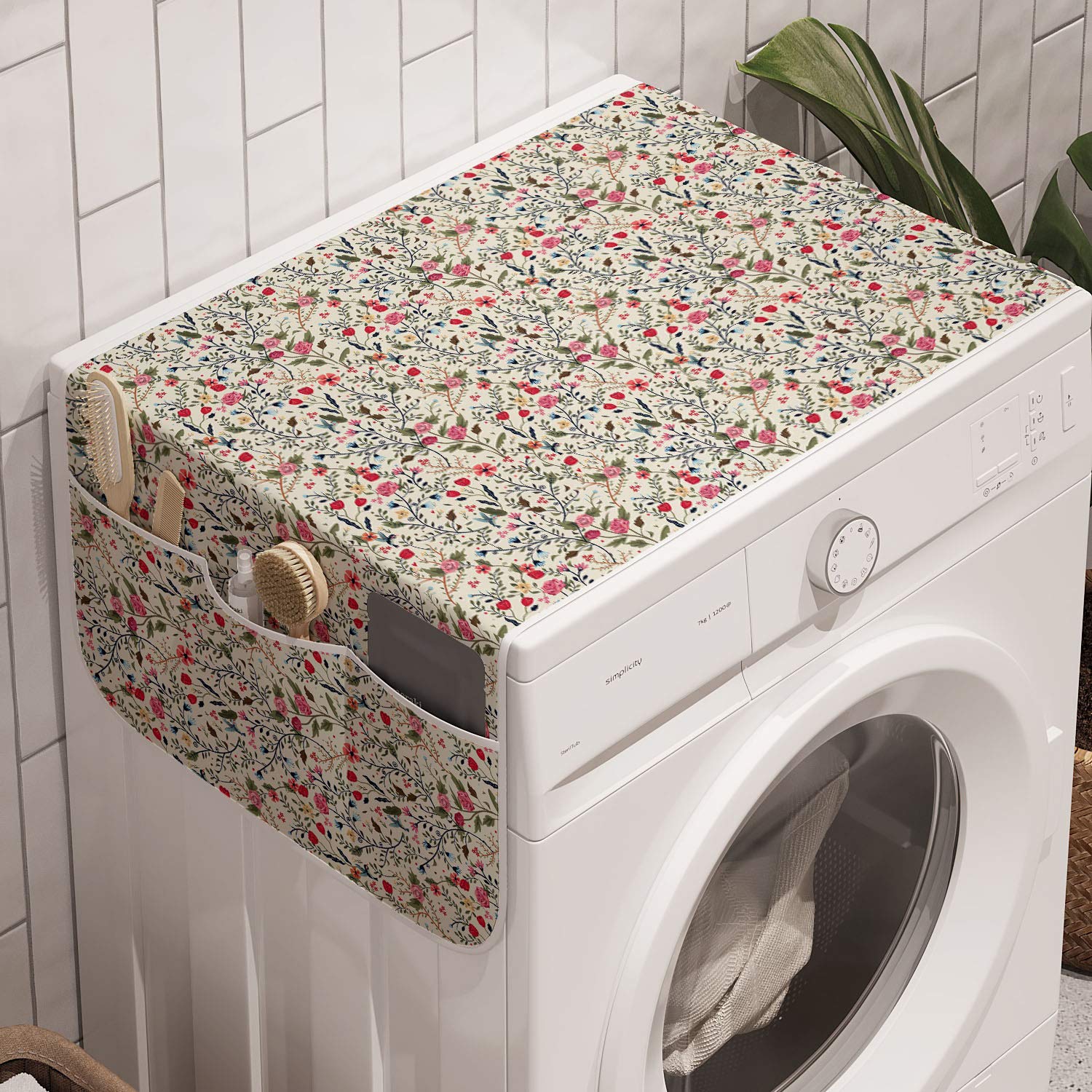 Ambesonne Floral Washing Machine Cover - Colorful Spring Flowers Design with Roses, Tulips & Daisies - Anti-Slip Fabric Organizer for Washer & Dryer (47