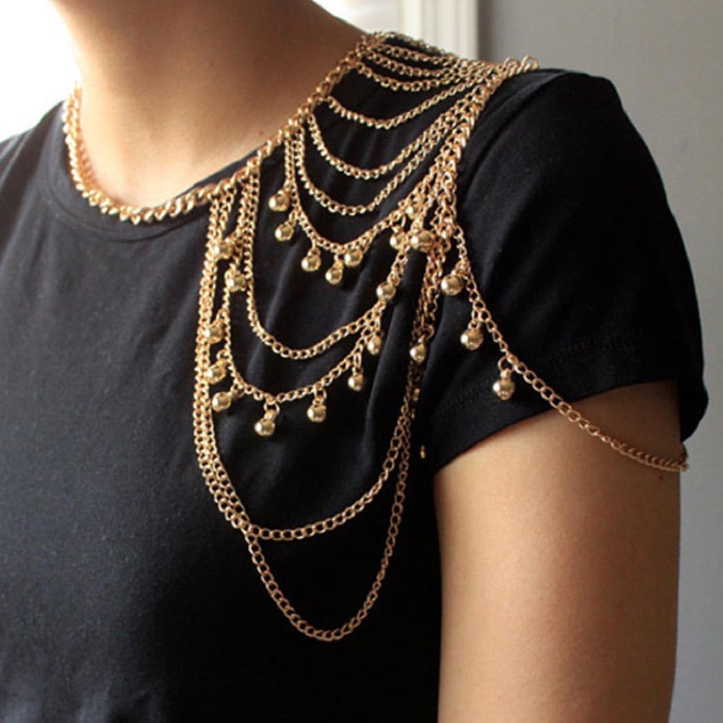 Sexy Gold Beaded Body Chain Jewelry for Women - Layered Shoulder Chains with Tassels | Perfect for Music Festivals, Beach Parties & Boudoir Photography
