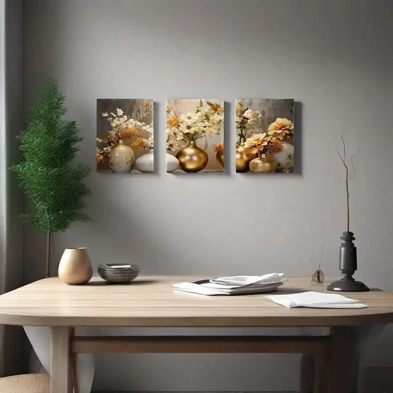 3-Piece Golden and White Flowers Metal Wall Art - Ready to Hang Canvas Painting for Living Room, Bedroom & Office Decor