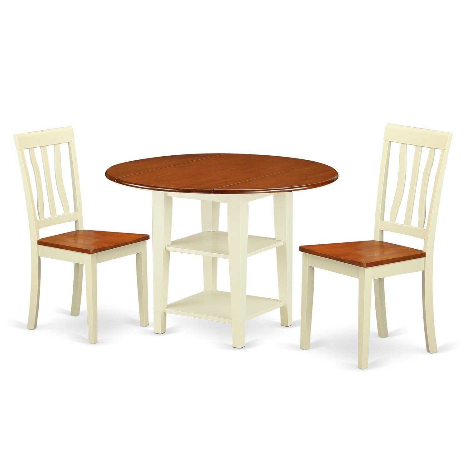 East West Furniture SUAN3-BMK-W 3-Piece Round Dining Table Set with Drop Leaf & Storage Shelves - 42x42 Inch Buttermilk & Cherry Finish - Includes 2 Wooden Chairs - Perfect for Small Spaces, Breakfast Nooks & Cozy Apartments
