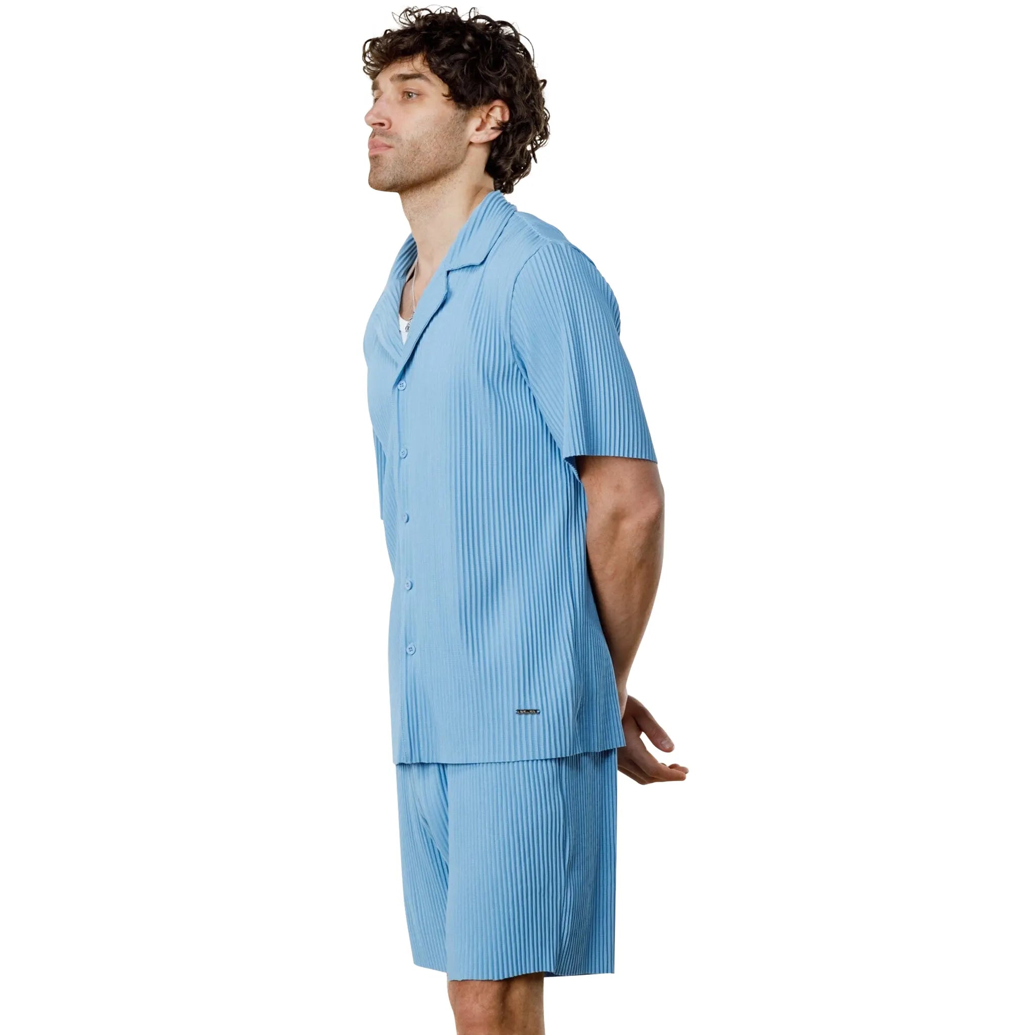 Belier Pleated Short Sleeve Light Blue Resort Shirt for Men - Casual Summer Beach Wear & Tropical Vacation Outfit
