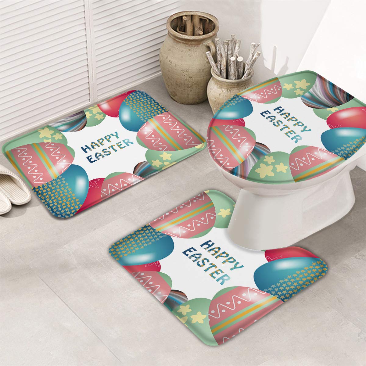 Non-Slip Bathroom Rug Set of 3 - Absorbent Washable Bath Mats with U-Shaped Toilet Mat & Lid Cover, Colorful Easter Egg Design for Bathroom/Home Decor - Perfect for Easter Gifts, Guest Bathrooms & Cozy Home Upgrades