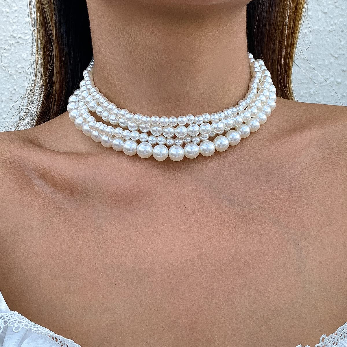 Minzaos BETHNISIER Elegant Layered Pearl Necklace for Women - White Faux Pearl Choker & Strand Set - Perfect for Weddings, Bridal Jewelry, Prom, Date Night & Special Occasions