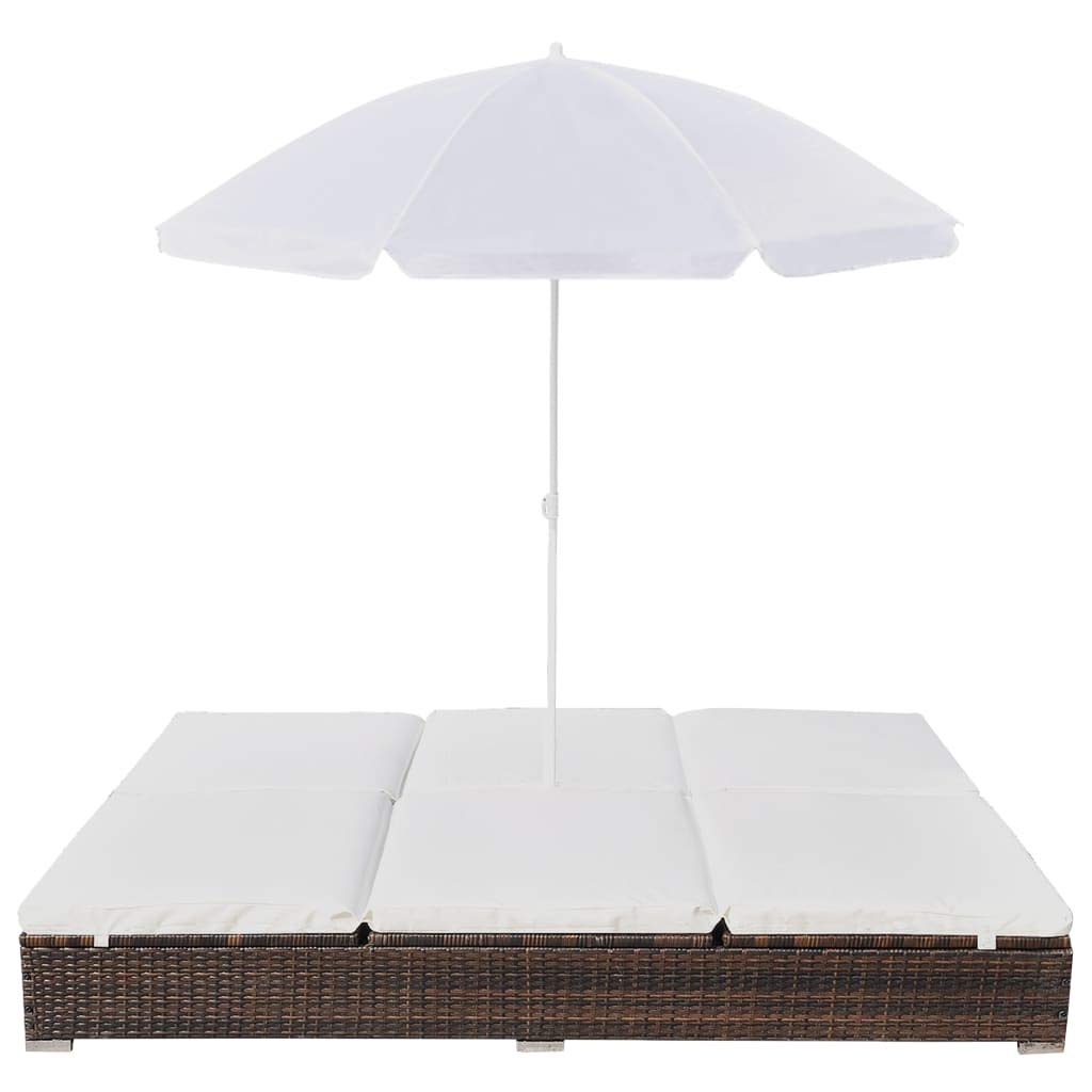 Brown Poly Rattan Patio Lounge Bed with Umbrella - Outdoor Reclining Couch for Garden, Poolside & Beach - Durable Patio Furniture for Relaxing, Sunbathing & Lounging