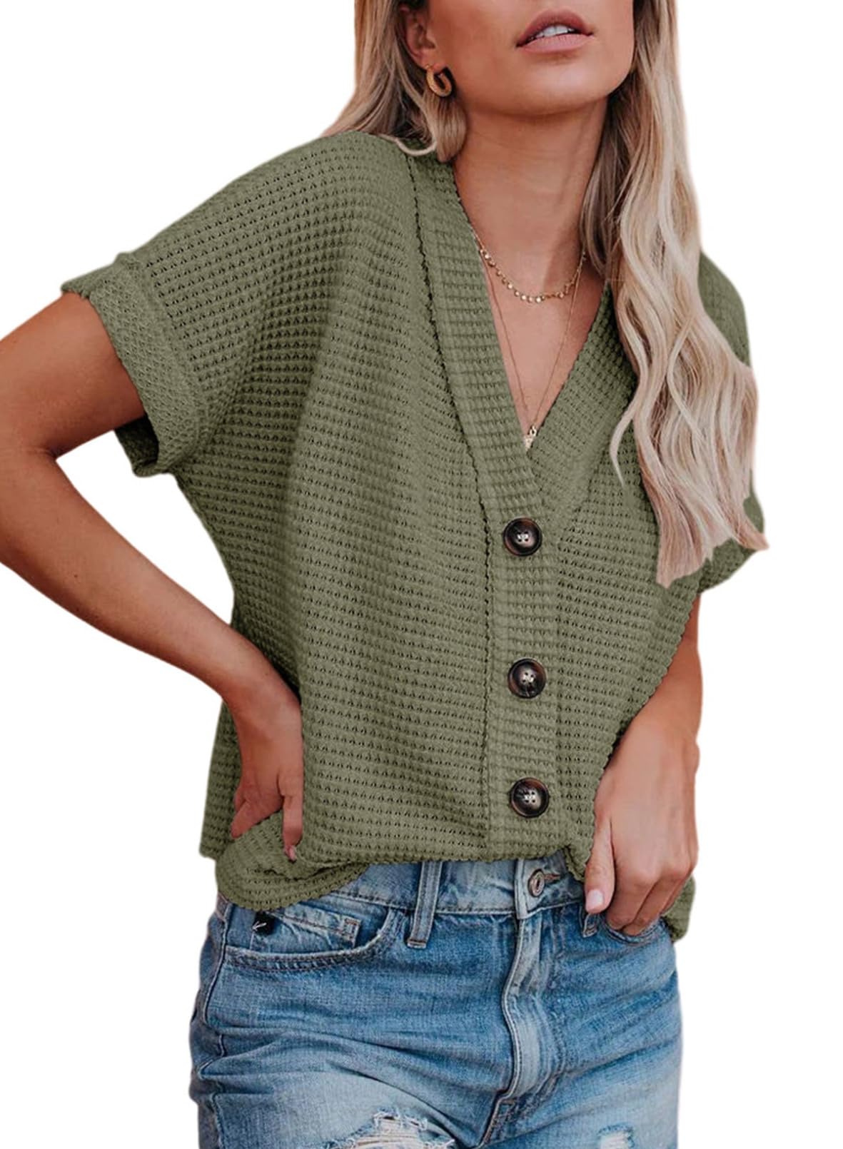 Dokotoo Women's Summer Tops 2025 - Waffle Knit Button Down Shirts, Casual V-Neck Short Sleeve Shacket Jacket, Dressy Blouses for Work, Date Night & Outdoor Activities