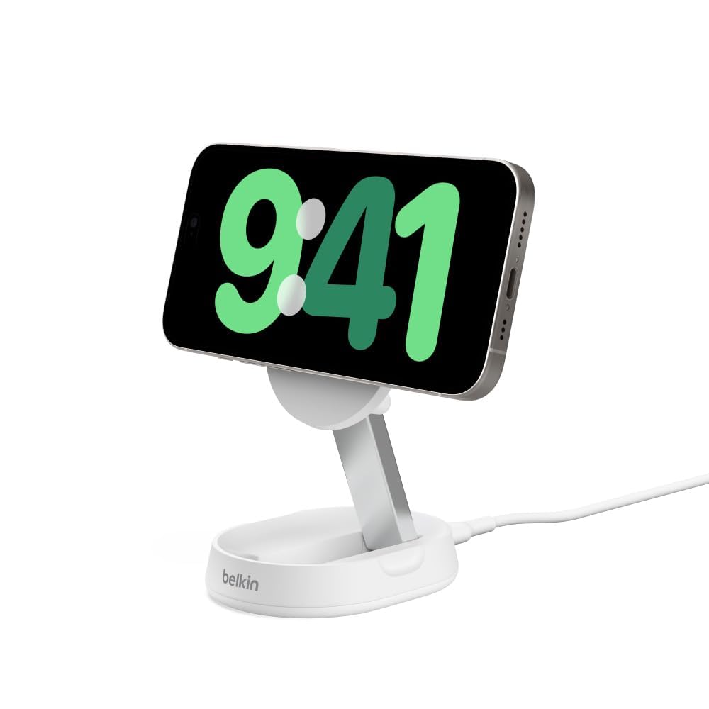 Belkin BoostCharge Pro 15W Magnetic Wireless Charging Stand - Qi2 & MagSafe Compatible Fast Charger for iPhone 16/15/14/13/12 & AirPods Pro - White | Perfect for Bedside, Office & Travel Charging
