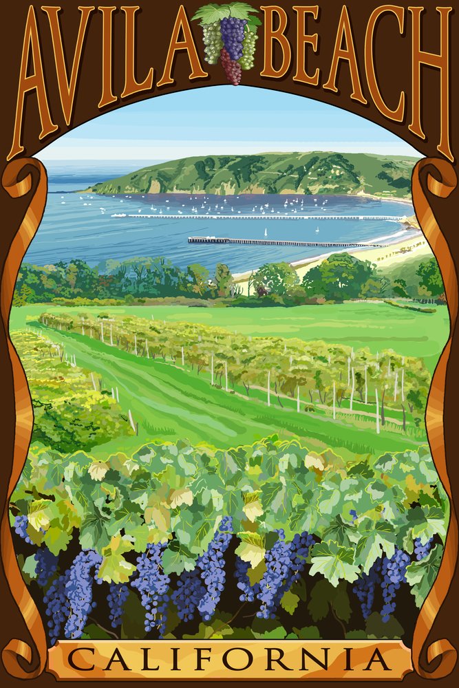 Signed Avila Beach California Vineyard & Ocean Art Print - 24x36 Wall Decor Poster for Living Room, Bedroom & Office | Coastal Landscape Painting, Home & Office Decor