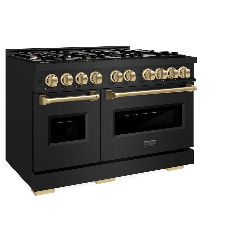 ZLINE Autograph Edition 48-Inch 6.7 cu. ft. Dual Fuel Range with 8-Burner Gas Cooktop & Double Oven - Black Stainless Steel with Champagne Bronze Accents (CDRBZ 48 CB) - Perfect for Gourmet Cooking & Entertaining in Modern Kitchens
