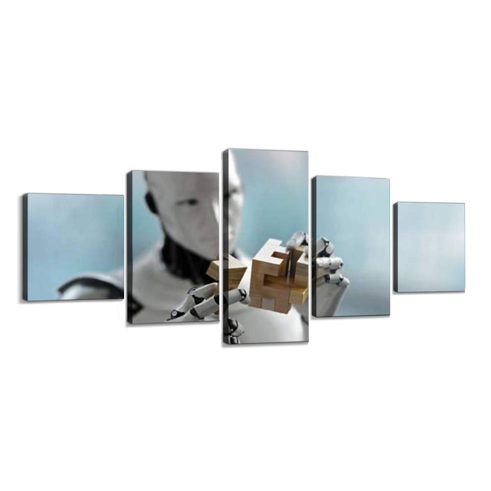 XEPPO 5 Panel Modern Abstract Canvas Wall Art - Robot Solving Wooden Puzzle with Selective Focus - Framed Ready to Hang Home Decor (60''Wx32''H) - Perfect for Living Room, Bedroom or Office Decoration