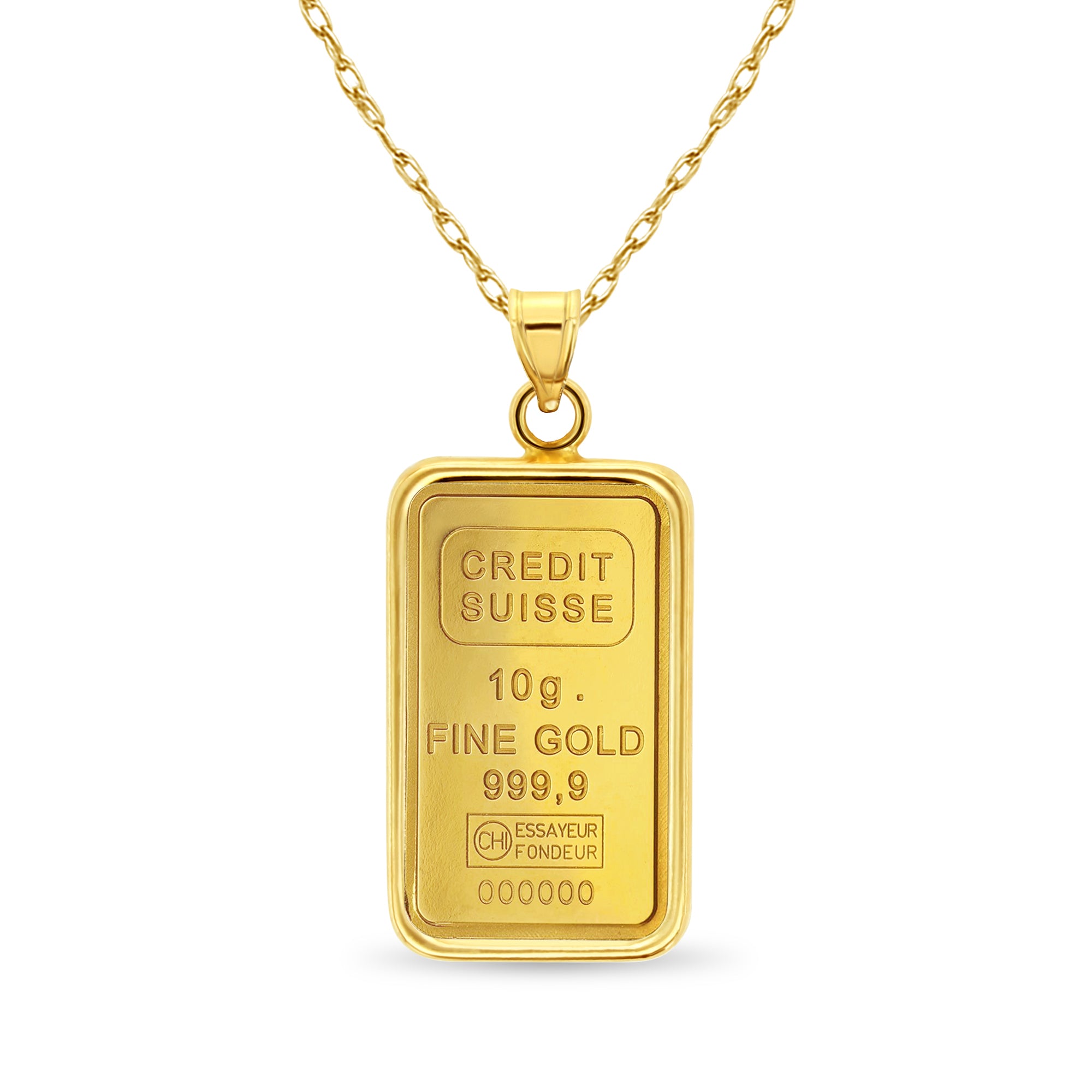 10 Gram Pamp Credit Suisse Gold Bar Necklace - 24K Solid Gold Pendant with Polished Bezel - Luxury Jewelry Gift for Women - Perfect for Weddings, Anniversaries & Special Occasions