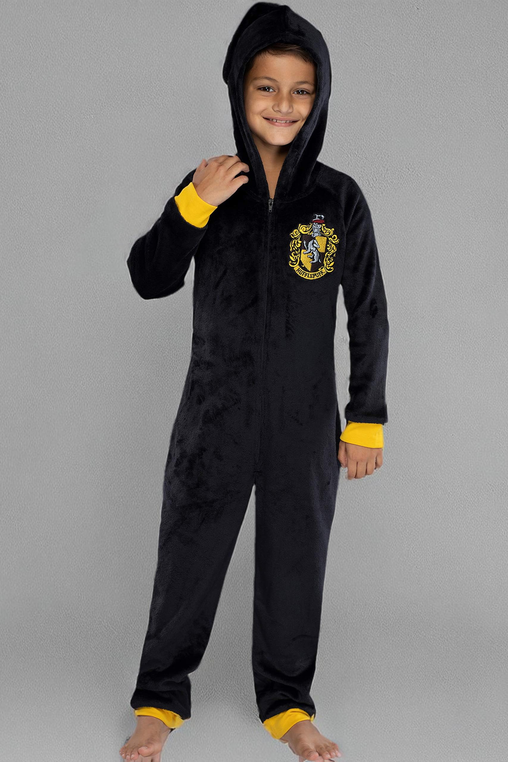 Harry Potter Unisex Kids Hooded Pajama Union Suit - Gryffindor, Slytherin, Ravenclaw & Hufflepuff Designs | Soft Fleece Sleepwear for Boys & Girls | Perfect for Halloween, Christmas & Cosplay