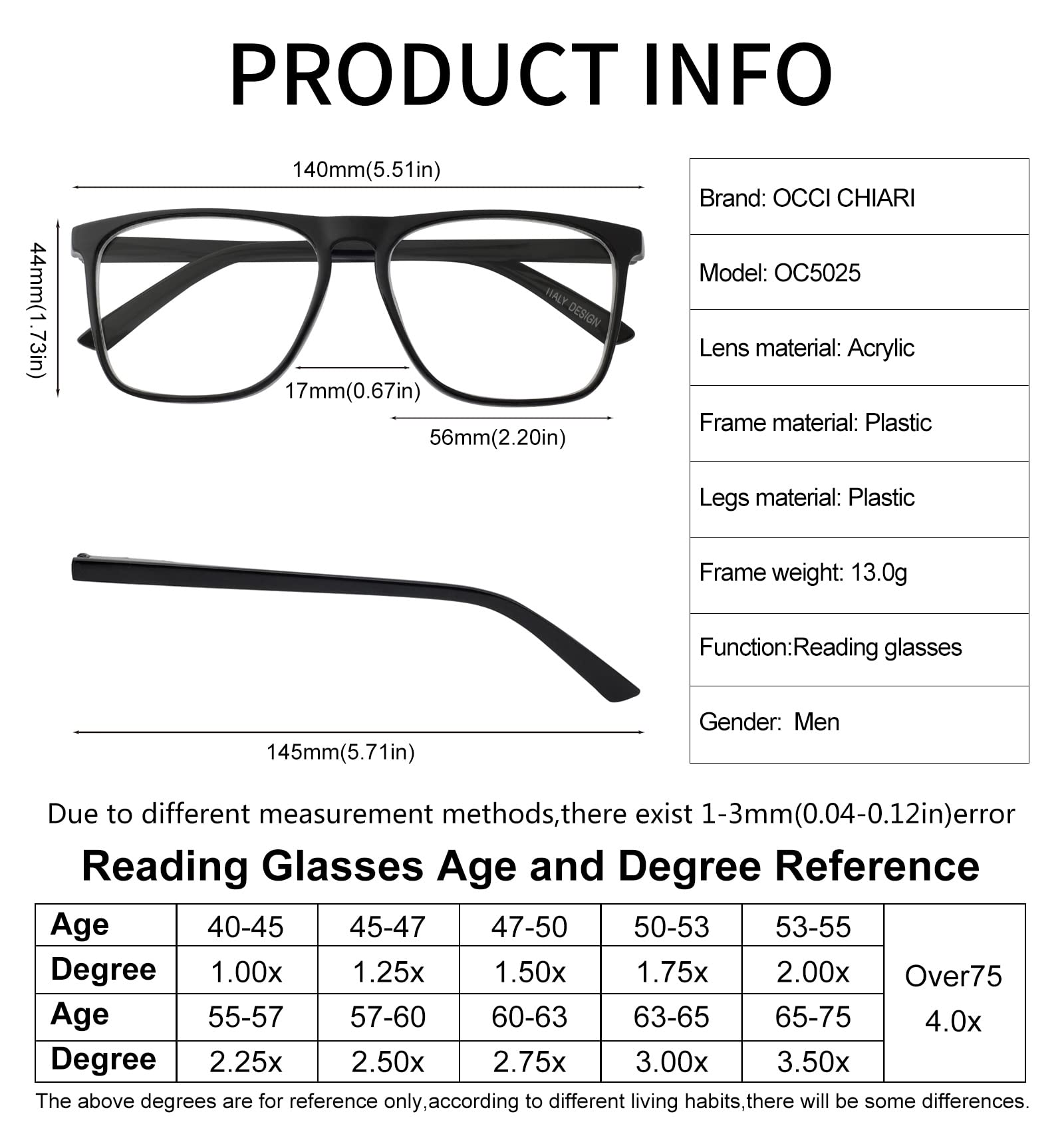 OCCI CHIARI Fashion Reading Glasses for Women & Men - Lightweight Eyeglass Frames with Spring Hinges - Perfect for Reading, Computer Work, and Daily Use