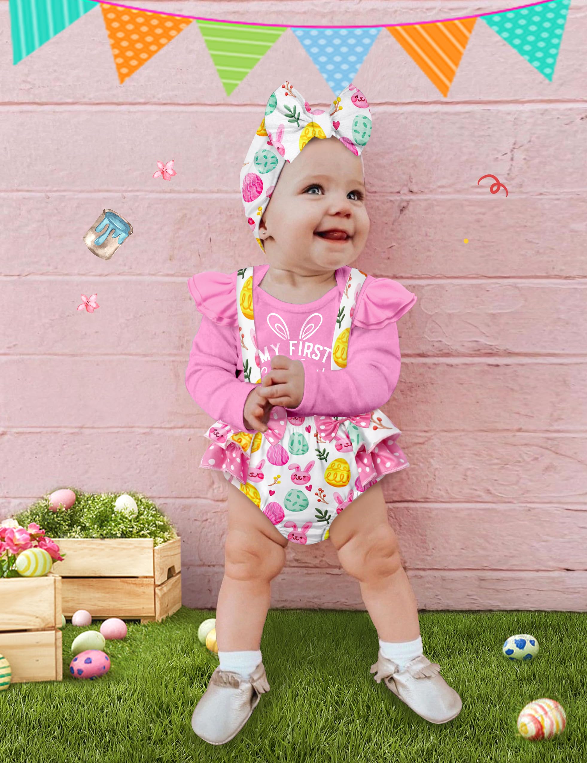 Von Kilizo Baby Girl Easter Outfit - My First Easter Bunny Print Long Sleeve Romper | Cute Easter Photoshoot & Holiday Celebration Outfit