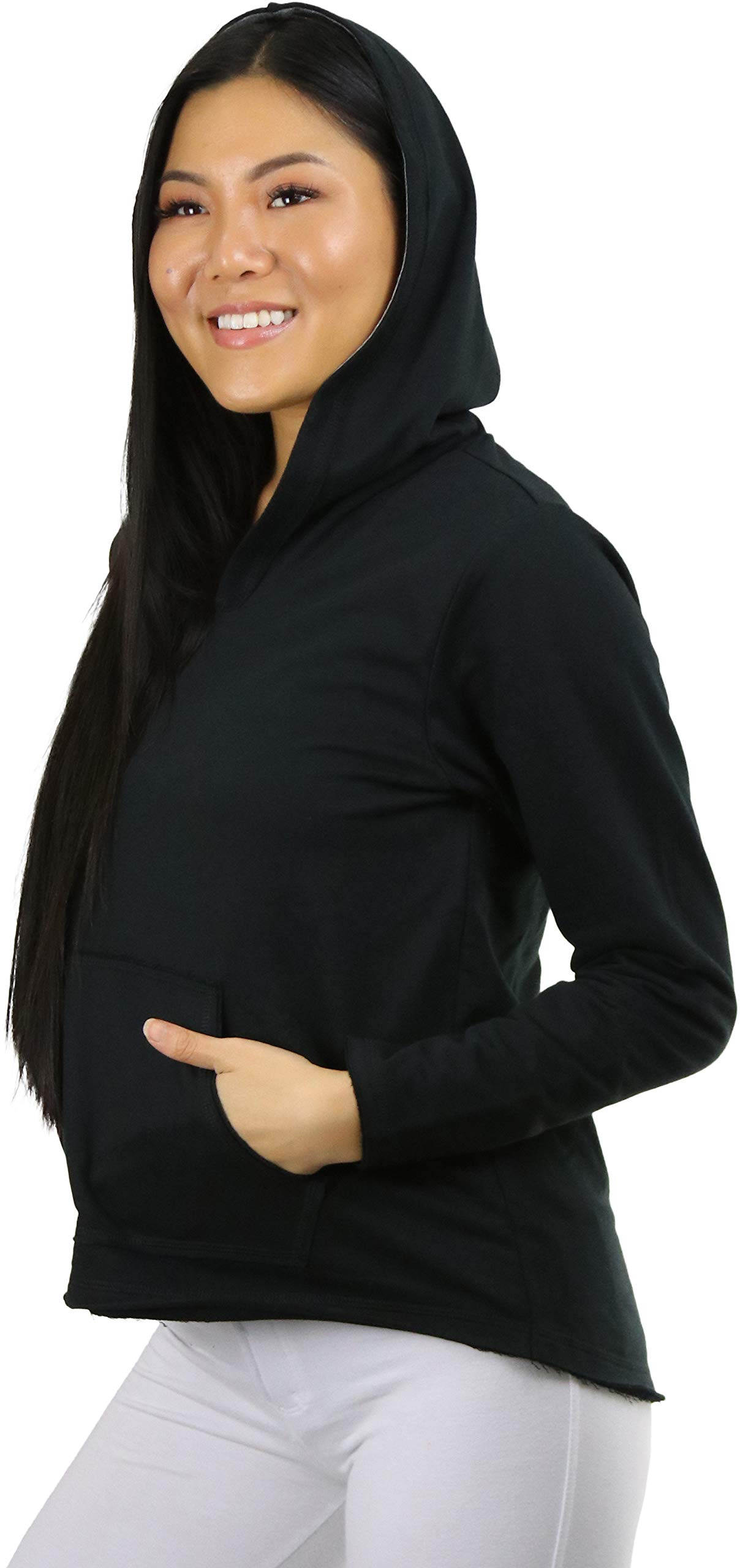 ToBeInStyle Women's Cotton Long Sleeve V-Neck Raw Edge Relaxed Fit Hoodie - Soft Casual Pullover Sweatshirt for Lounge, Workout & Everyday Wear