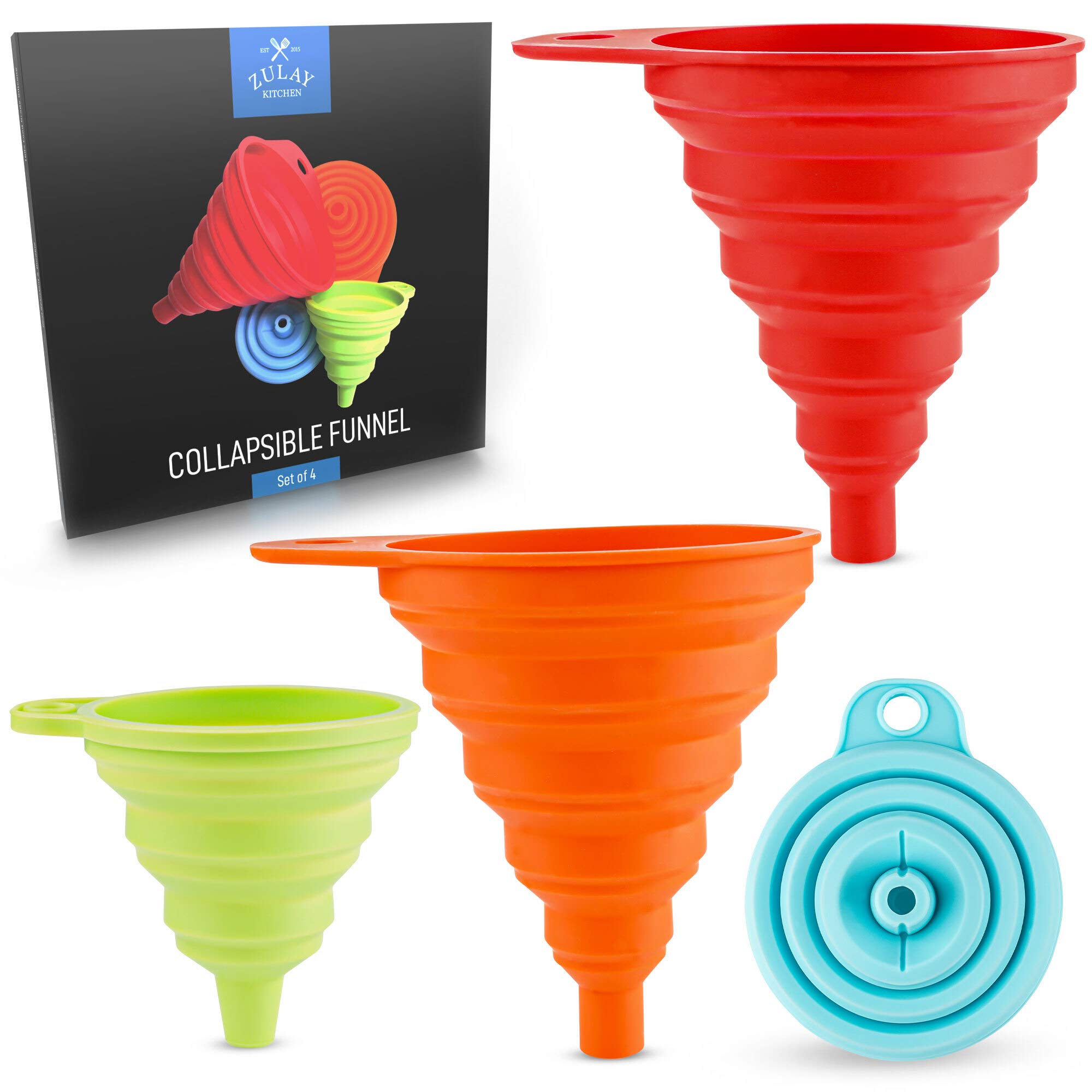 Zulay Premium Silicone Funnel Set of 4 (2 Small + 2 Large) - Collapsible Space Saving Kitchen Funnels with Narrow Mouth for Liquids, Oils, Sauces - Flexible & Durable for Bottle Filling, Baking, Canning, Home Brewing & DIY Projects