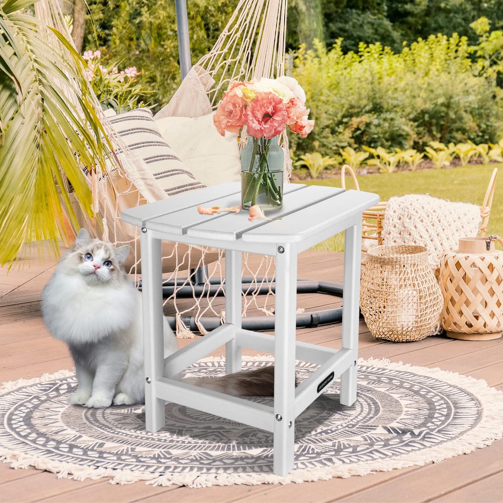 LAUSAINT HOME Outdoor Adirondack Side Table - Weather Resistant White Rectangle Coffee End Table for Patio, Garden & Poolside - Easy Assembly & Durable Design