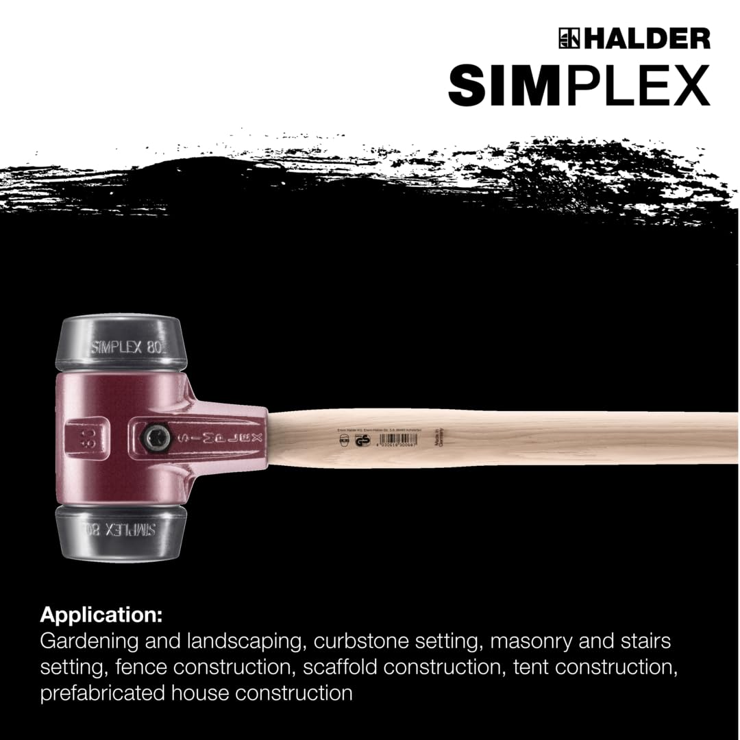 Halder Simplex Sledgehammer with Medium-Hard Rubber Inserts - Cast Iron Housing & Handle Protection Sleeve - Varnished Wooden Handle (80mm, 7.2 lbs) - Ideal for Construction, Demolition & Heavy-Duty DIY Projects