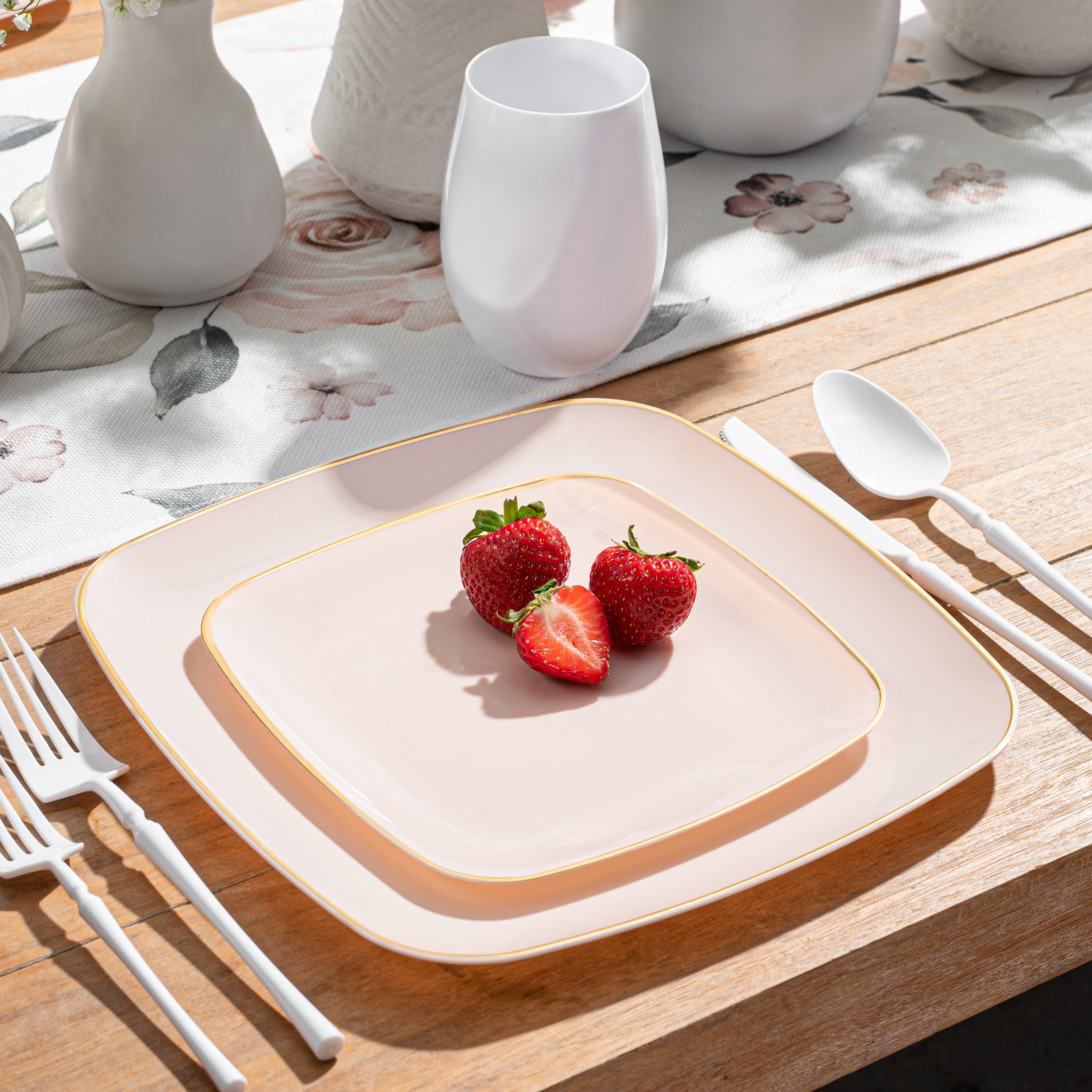 Pink and Gold Plastic Party Bundle - Classic Square Disposable Plates, Cups & Cutlery Set for Birthday, Wedding & Baby Shower Events