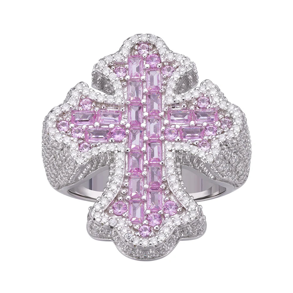 Men's Moissanite Cross Ring with Pink Stone - 925 Sterling Silver Jewelry for Gifts, Weddings & Everyday Wear