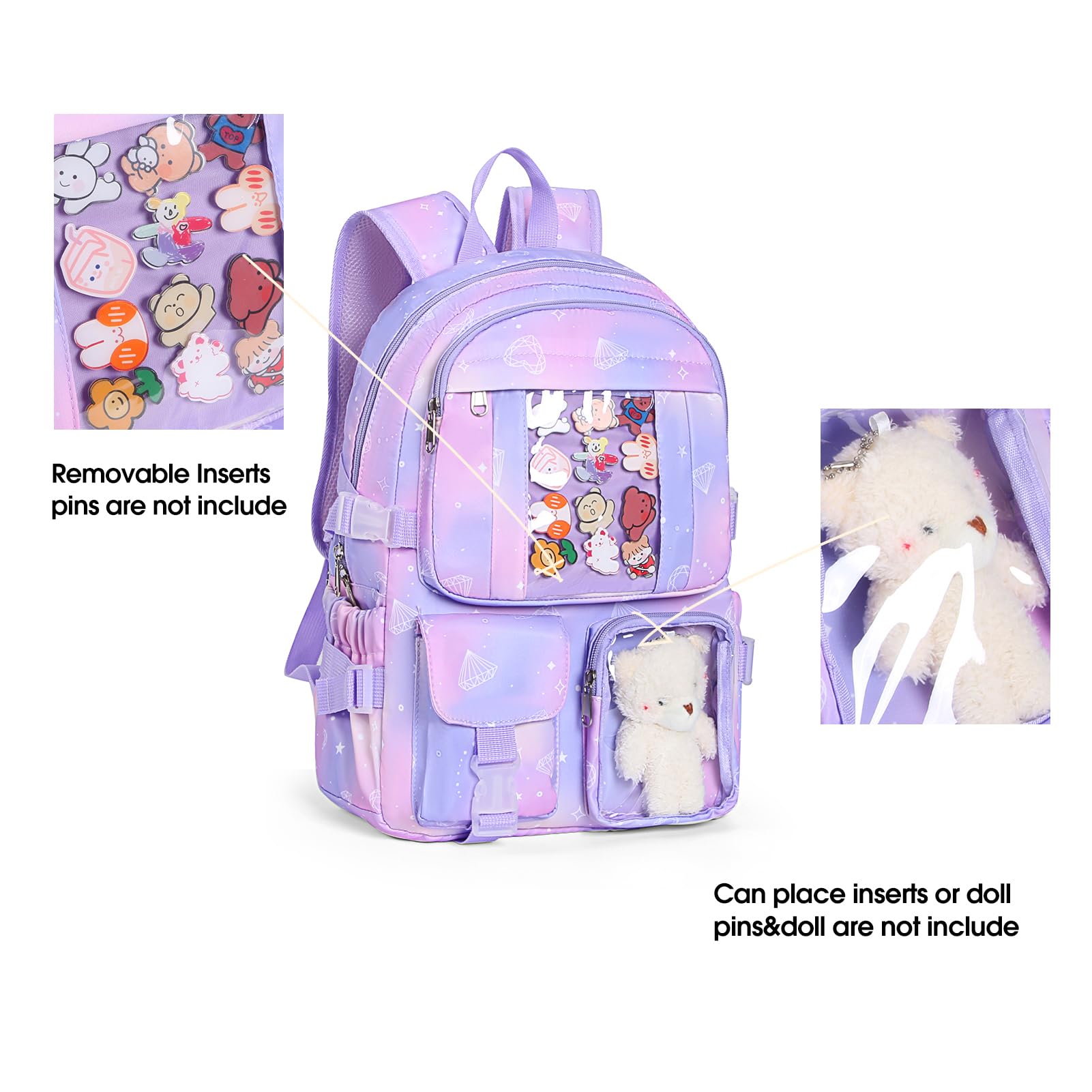 Kawaii Backpack for Girls - Cute Aesthetic School Bookbag with Pins & Pendant Accessories, Purple Star Design | Perfect for School, Travel & Everyday Use