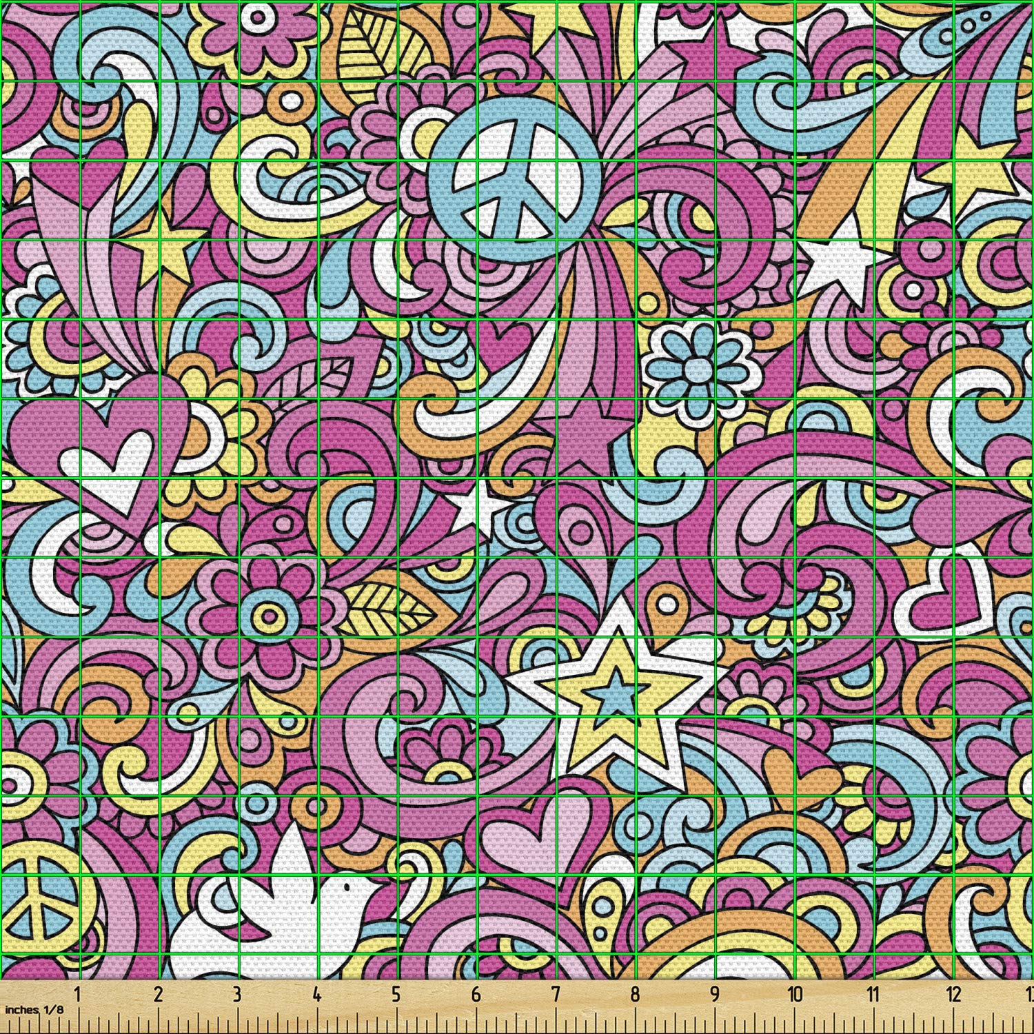 Lunarable 1960s Psychedelic Groovy Peace Notebook Doodle Fabric - 10 Yards Fuchsia Pink Upholstery Material for Sofa, Curtains & Home Decor | Retro Hippie Style Bedding, Pillows & DIY Craft Projects