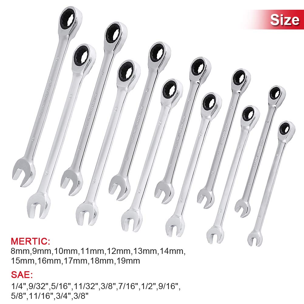 12-Piece Spanner Ratchet Set - CRV Steel Combination Wrench Kit (8-19mm) with Tool Box - Open-End & Ring Wrench Set for Car Repairs, Home Maintenance & DIY Projects