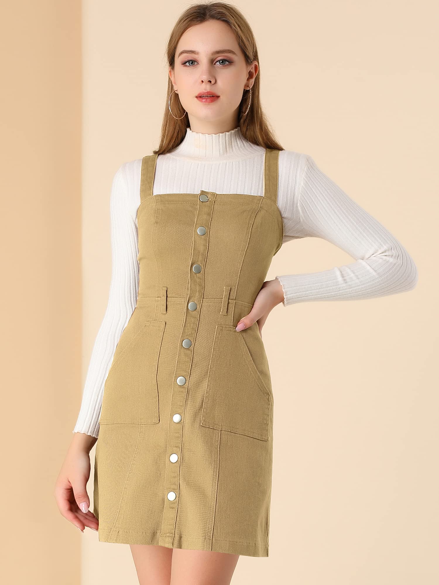 Allegra K Women's Classic Denim Pinafore Dress with Adjustable Straps - Vintage Overalls Style Jean Dress for Casual Outings, Brunch Dates & Spring Fashion