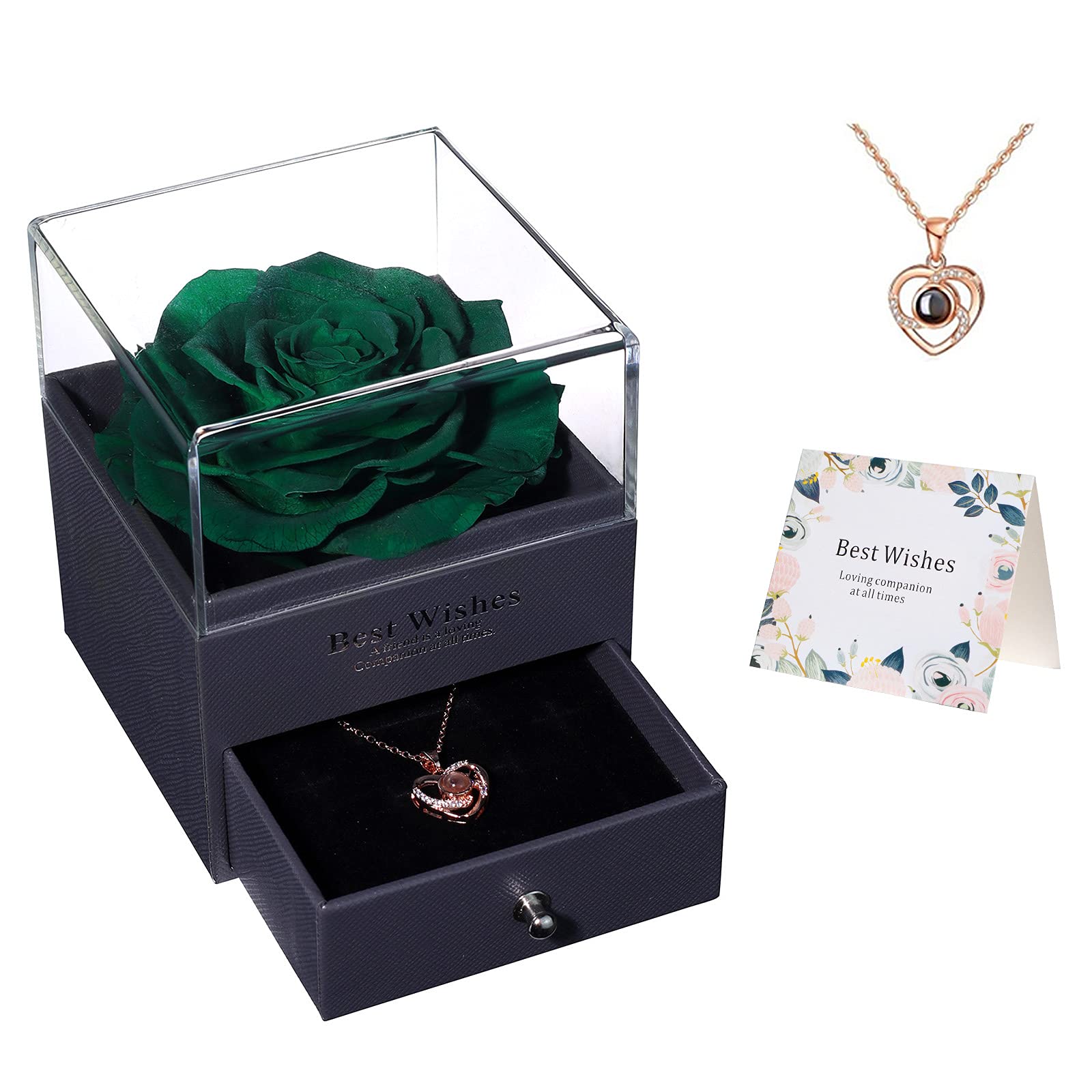 YIZHI Eternal Preserved Real Rose Flower in Jewelry Box with 'I Love You' Necklace - Handmade Romantic Gift for Valentine's Day, Mother's Day, Anniversary & Birthday (Green) | Perfect for Surprise Proposals, Wedding Decor & Special Occasion Keepsakes