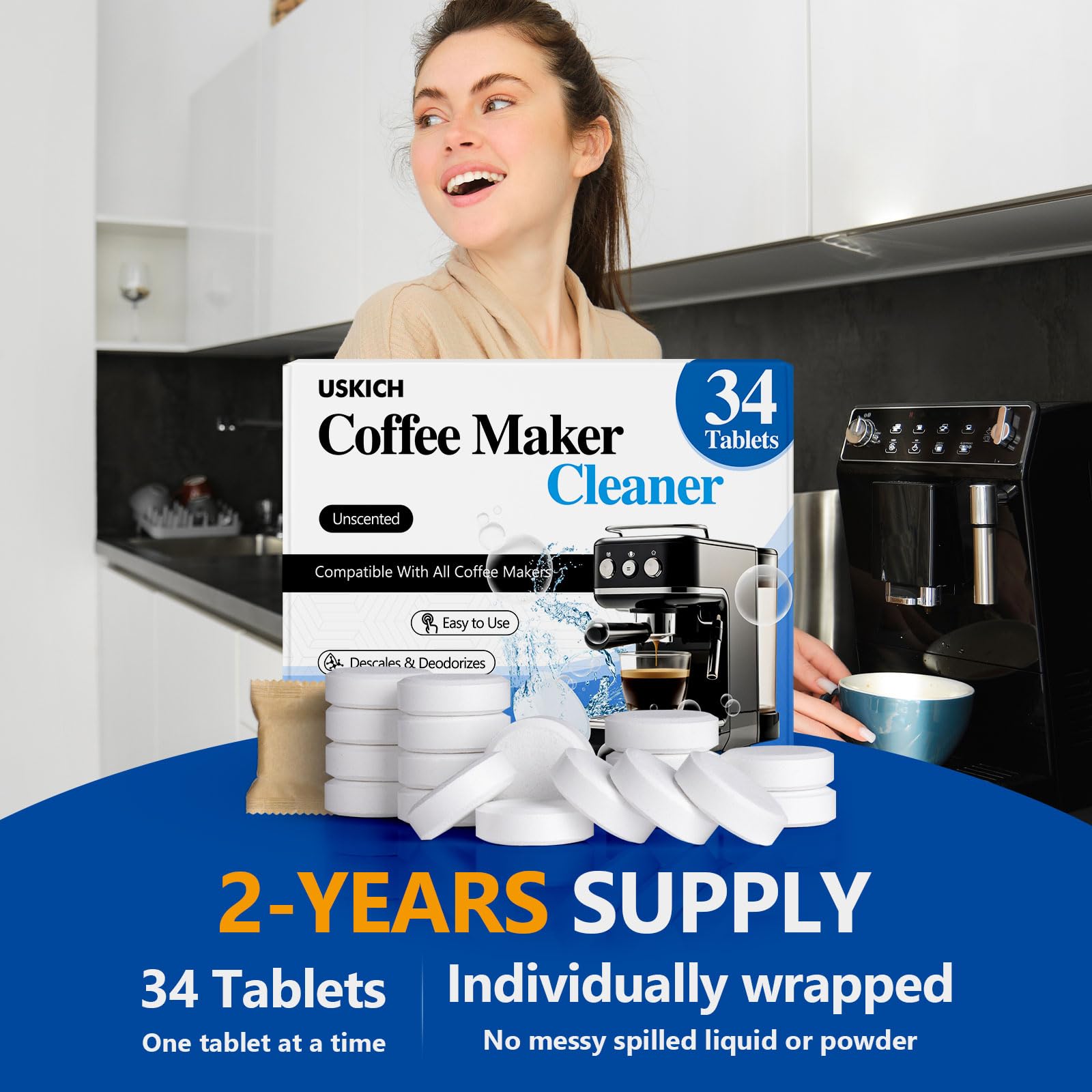 Premium Coffee Machine Cleaner & Descaler Tablets - 34 Pack | Compatible with Keurig, Ninja, Breville, DeLonghi, Nespresso, Miele & Espresso Machines | Deep Cleaning & Descaling Solution for Coffee Pots & Makers | Perfect for Home, Office & Commercial Use