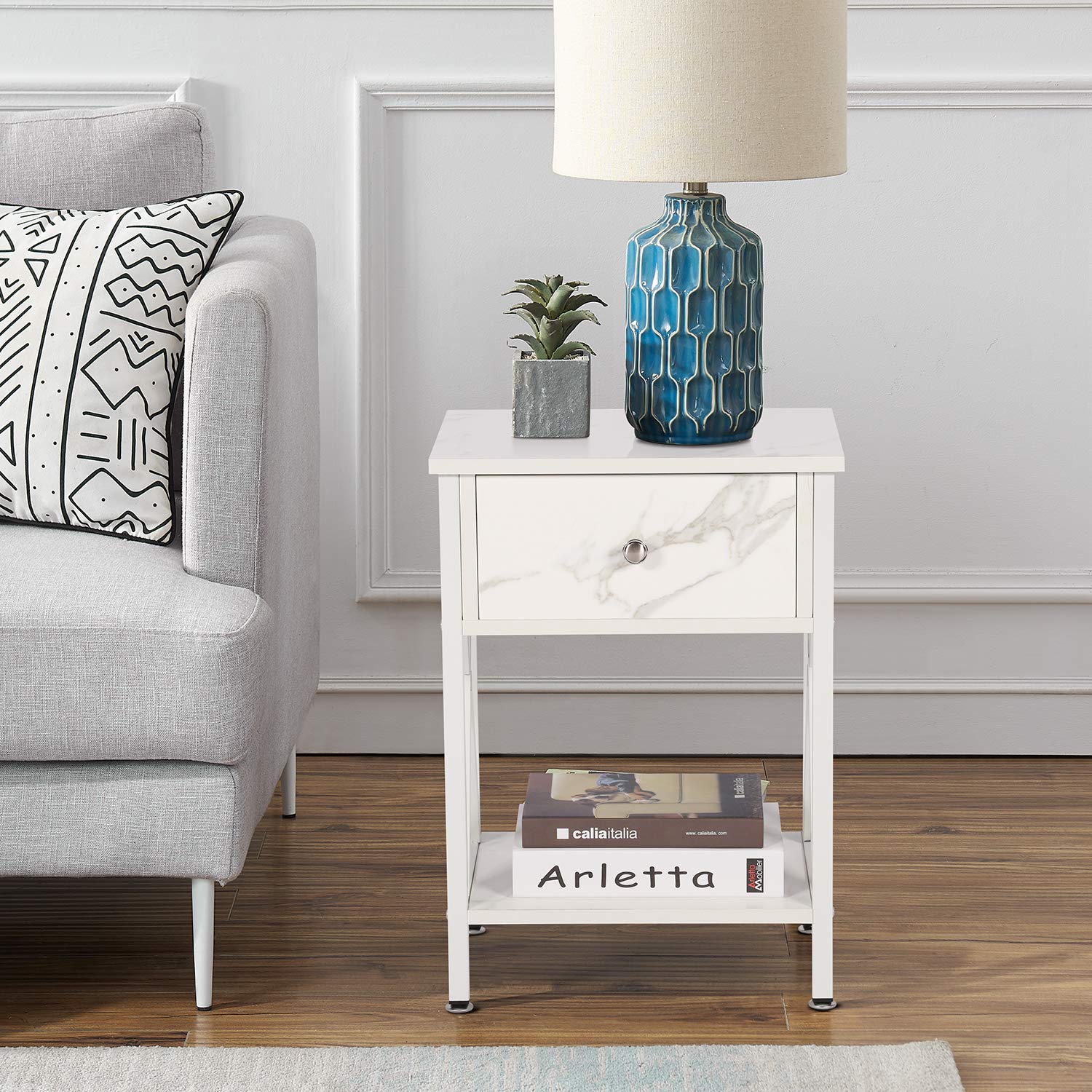 VECELO Modern Nightstand with Storage Drawer & Shelf - X-Design End Table for Bedroom & Living Room - White - Perfect for Small Spaces, Apartment Essentials & Home Organization