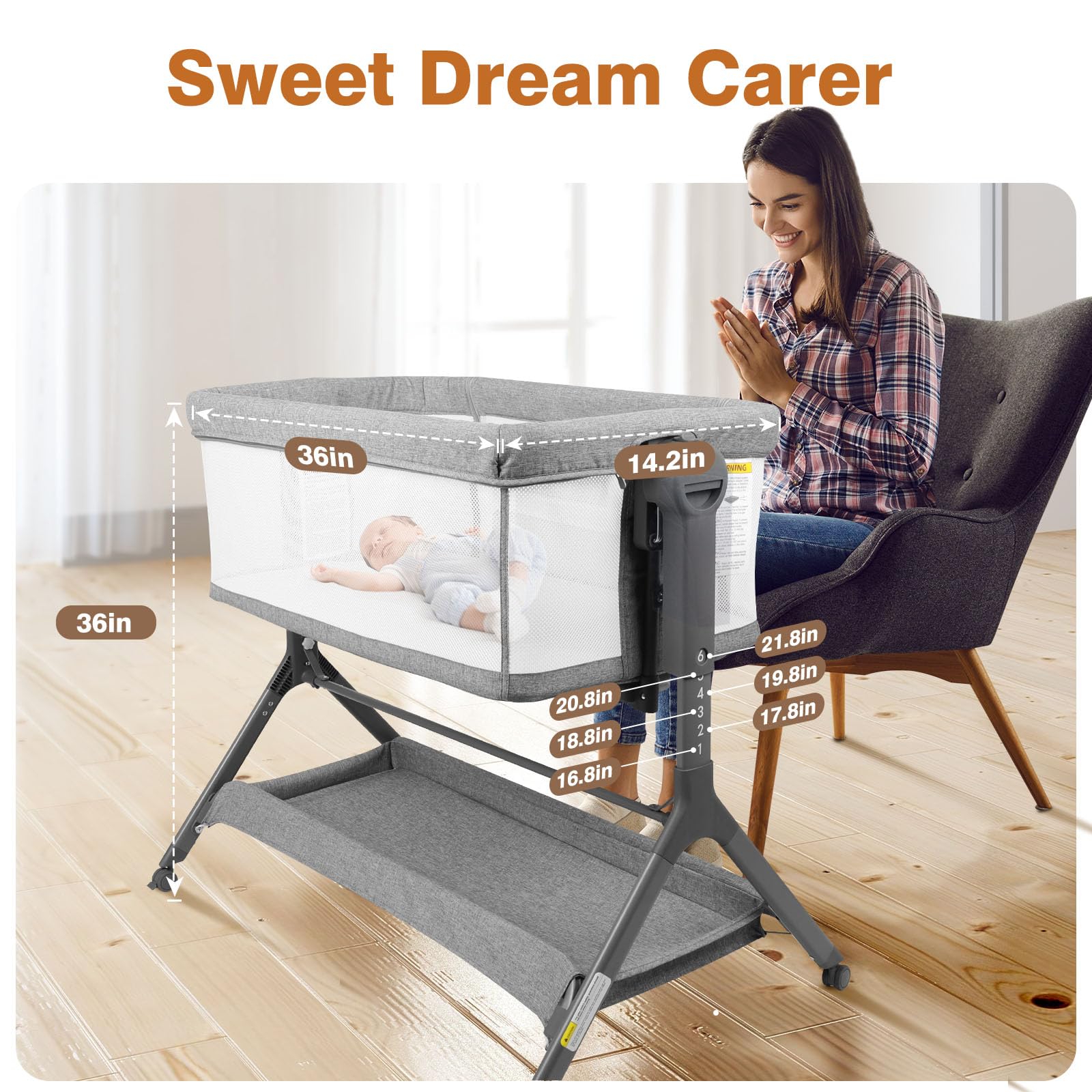 3-in-1 Baby Bassinet with Adjustable Height & Breathable Mesh - Portable Bedside Sleeper, Rocking Crib with Comfortable Mattress - Easy Assembly, Quiet Rolling Wheels for Nursery (Grey, 0-5 Months) - Perfect for Newborns, Nighttime Feeding & Co-Sleeping
