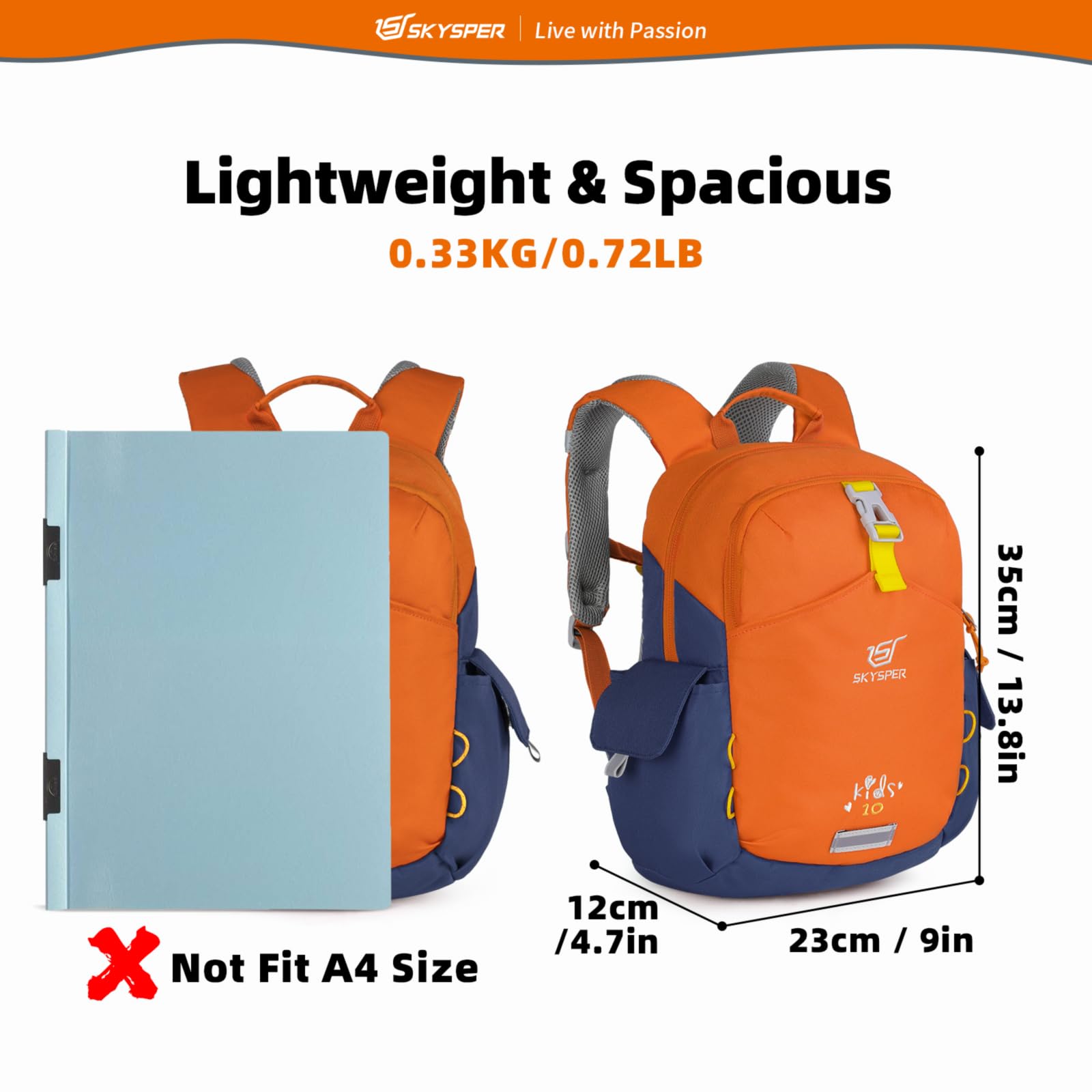 SKYSPER 10L Kids Backpack for Toddlers - Lightweight School Backpack for Preschool & Kindergarten Boys Girls - Waterproof Travel Daypack (Orange) - Perfect for School, Travel, and Outdoor Adventures