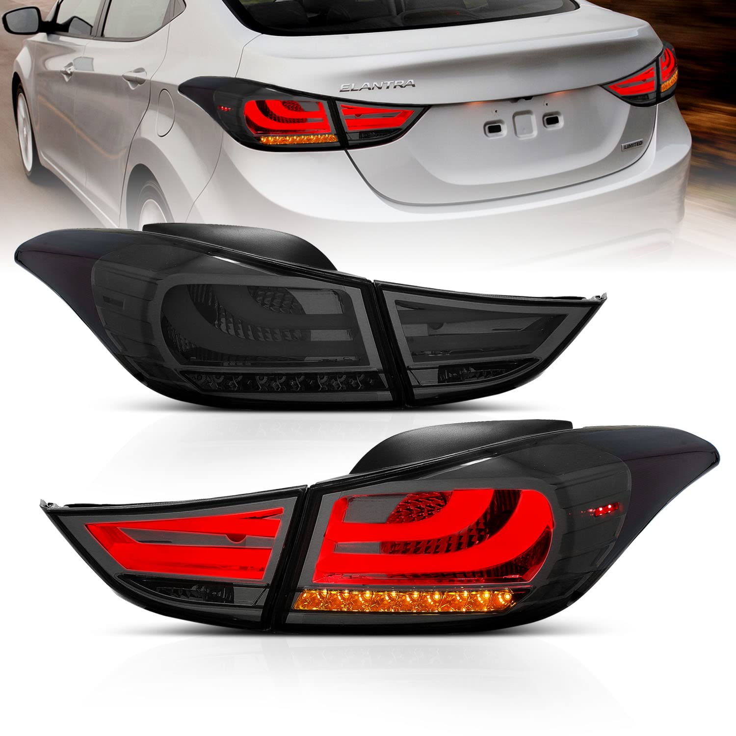 AmeriLite LED Smoke Brake Tail Lights Replacement Set for Hyundai Elantra (4-Piece) - Left & Right Side - Durable, Waterproof, Easy Installation - Perfect for Night Driving & Car Customization