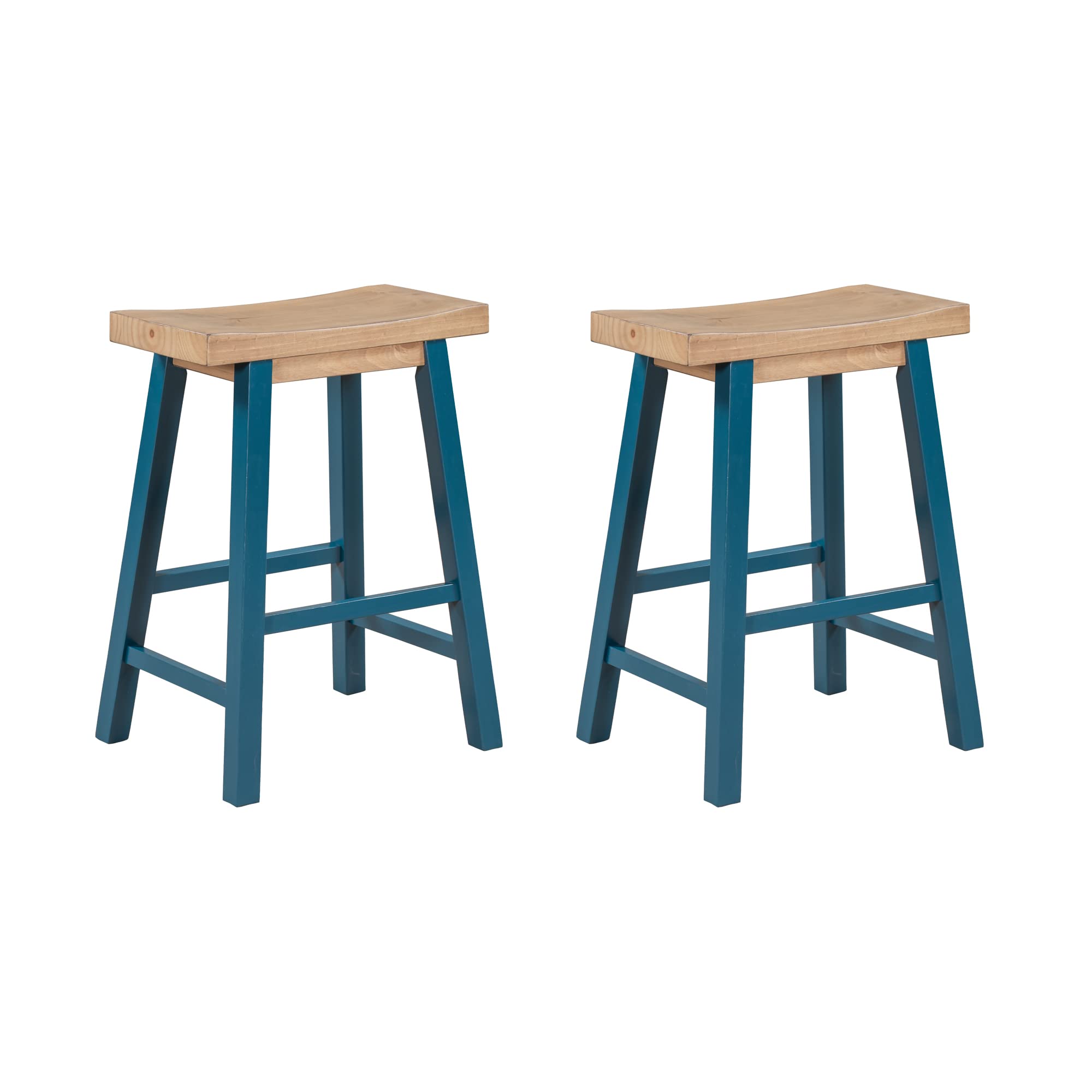 2 Pack Wooden Bar Stools with Footrest - 23.6 Inch Counter Height Kitchen Stools, 220Lb Weight Capacity, Light Walnut & Blue - Perfect for Kitchen Island, Breakfast Nook, Dining Room, and Home Bar Decor