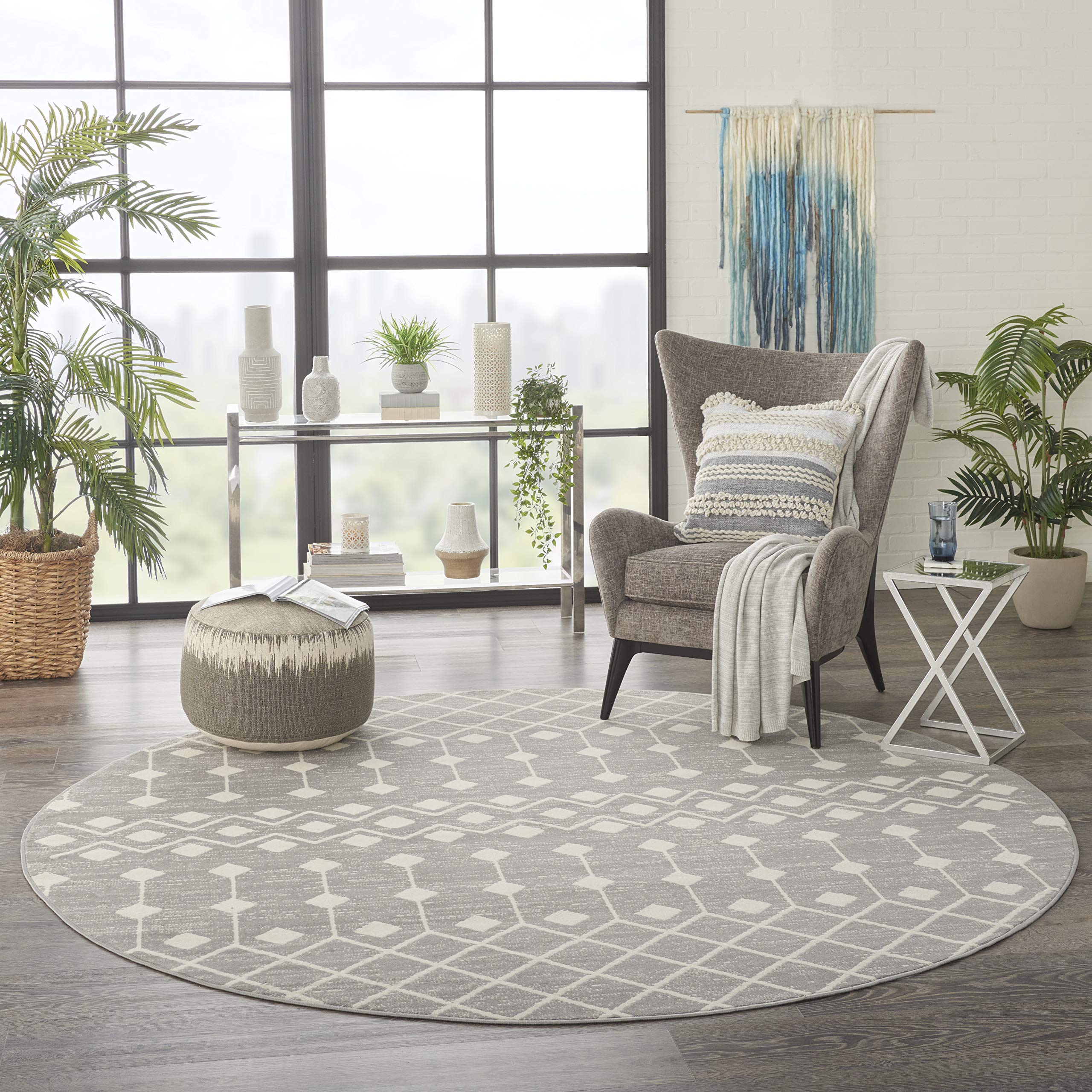 Nourison Grafix Moroccan Grey 8' Round Area Rug - Easy to Clean, Non-Shedding - Perfect for Bedroom, Living Room, Dining Room & Kitchen Decor - Soft & Durable for Home, Office or Apartment Use