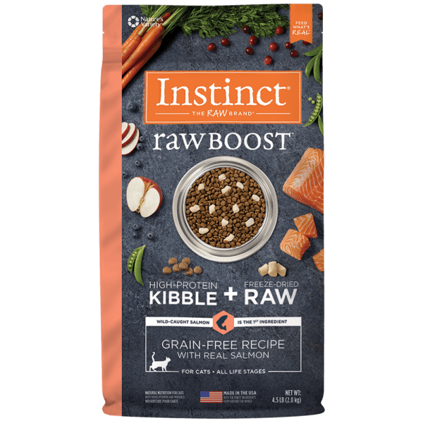 Instinct Raw Boost Grain Free Dry Cat Food with Real Salmon - High Protein, Natural Ingredients for Adult Cats, 4.5 lb Bag - Perfect for Indoor Cats & Weight Management