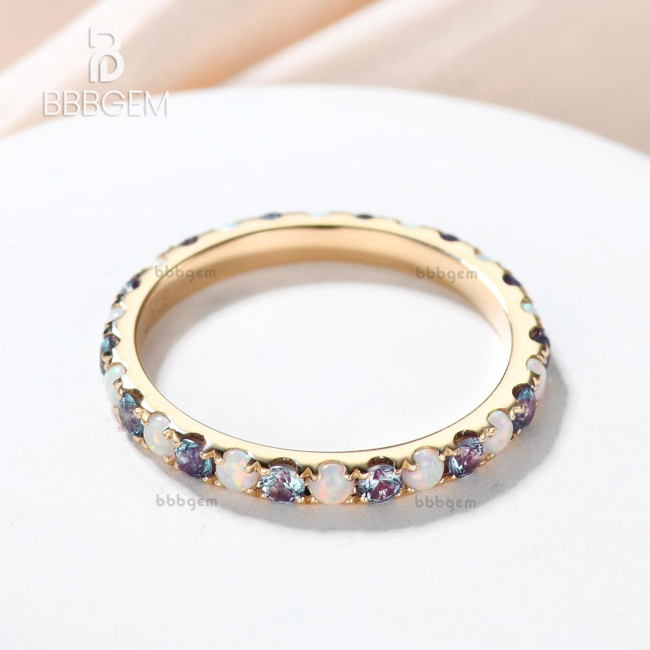 Opal and Alexandrite Wedding Band - Full Eternity Ring in 14K/18K Gold for Women | Elegant Bridal Jewelry, Anniversary Gift, Engagement Ring Alternative