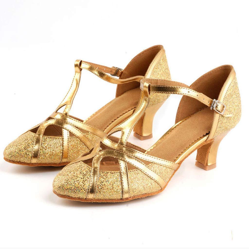 Hbeylia Vintage Women's Glitter Sequin Round Toe Sandals - Chunky Mid Heel Cross Ankle Strap Ballet Flats for Wedding, Party, Ballroom, Latin Salsa Dance, Prom, Evening Events & Special Occasions