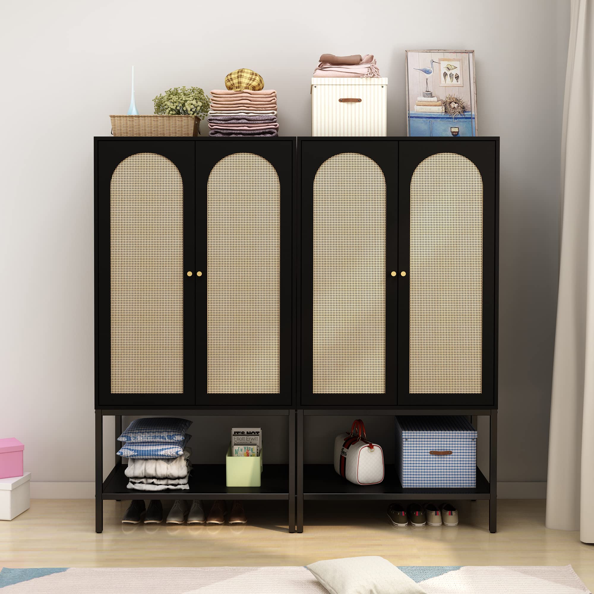 Rattan Freestanding Wardrobe Closet with Storage Cubes & Hanging Rod - 2-Door Black Bedroom Armoire for Clothes Storage | Perfect for Small Spaces, Dorm Rooms & Apartment Organization