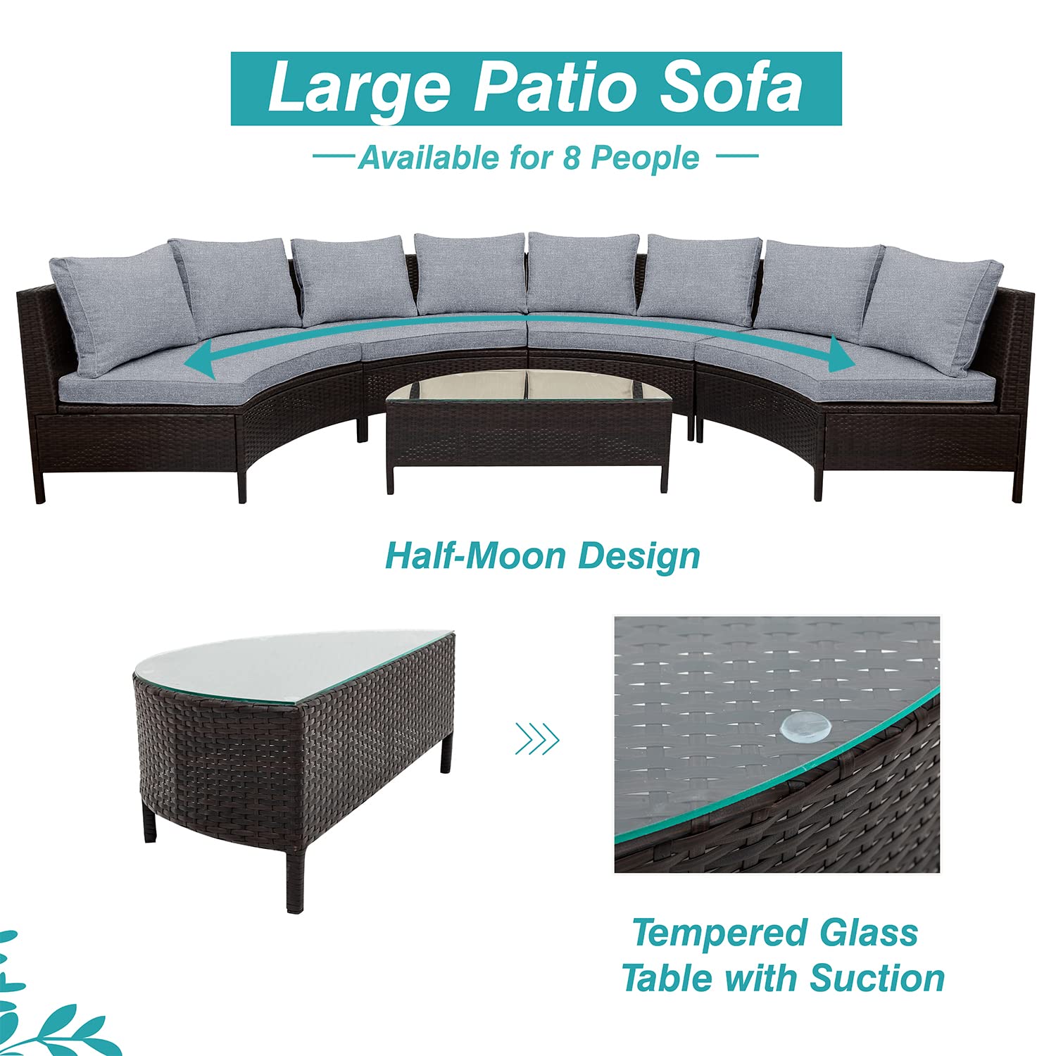 Polibi 5-Piece Patio Furniture Set - All-Weather PE Rattan Half Moon Sofa with Tempered Glass Table & Beige Cushions - Perfect for Backyard, Garden, Poolside Outdoor Relaxation