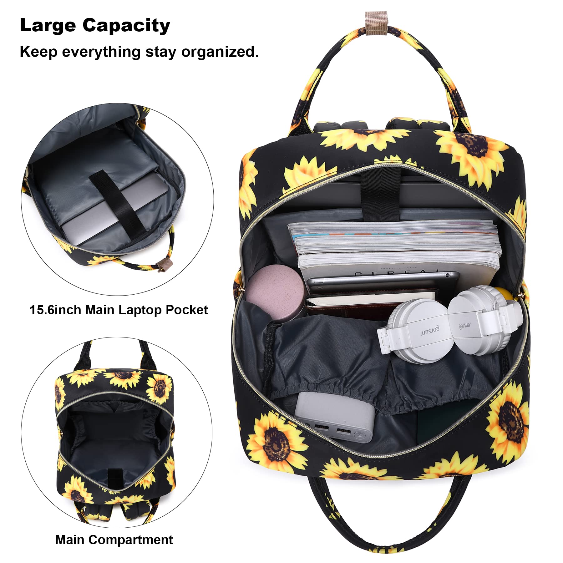 Stylish Sunflower Laptop Backpack for Women & Girls - 15.6 Inch Waterproof College Bookbag with USB Charging Port - Perfect for School, Travel, Work & Daily Commute