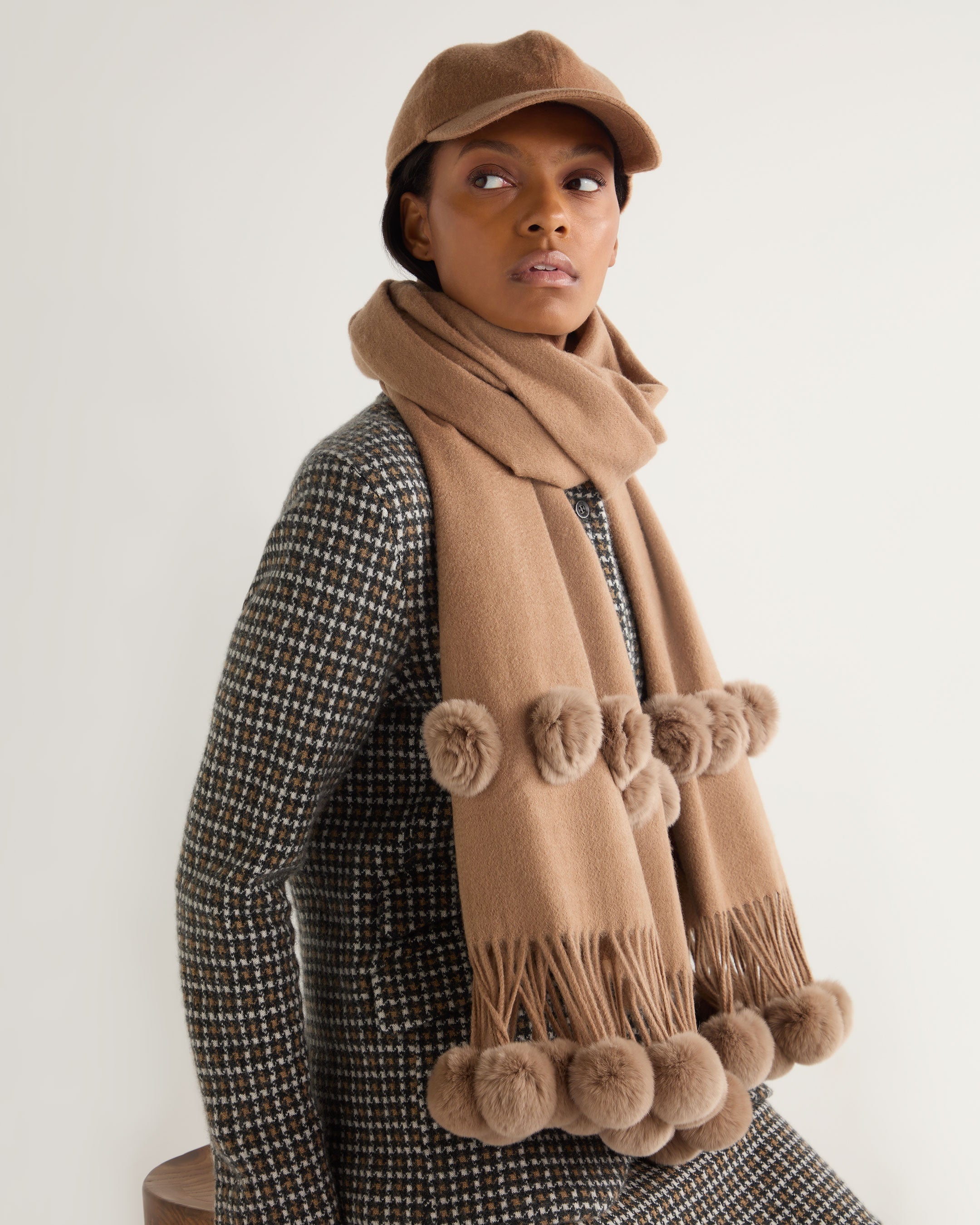 Women's Davos Fur Bobble Woven Shawl Scarf - Dark Tan Brown Winter Wrap for Women - Perfect for Cold Weather, Parties, and Holiday Outfits