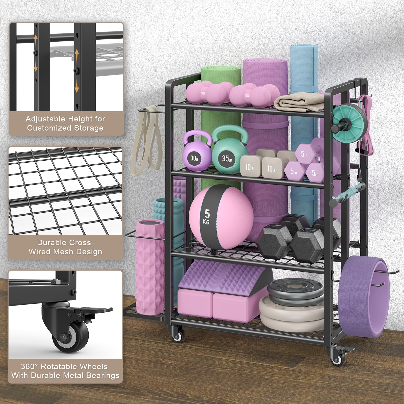 4-Tier Heavy Duty Dumbbell Rack Stand - 600LB Capacity Adjustable Weight Storage for Dumbbells & Kettlebells - Home Gym Equipment with Wheels & Hooks - Powder Coated Steel - Perfect for Garage, Basement & Home Workout Spaces