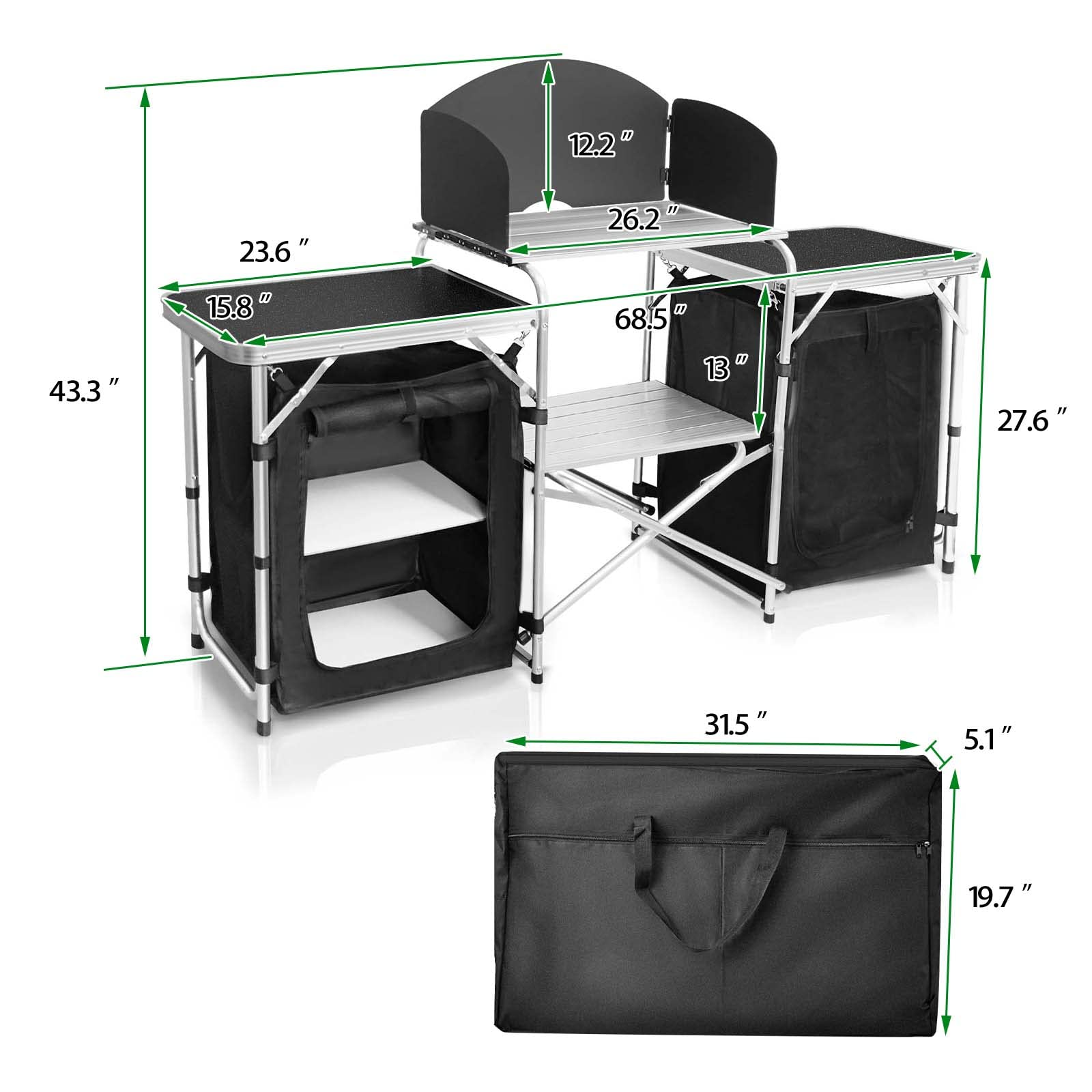 CampLand Portable Folding Camping Kitchen Table - Aluminum Outdoor Cook Station with Storage Organizer, Windscreen & Hooks - Perfect for BBQ, Picnics, Tailgating & Backyard Parties (Black)