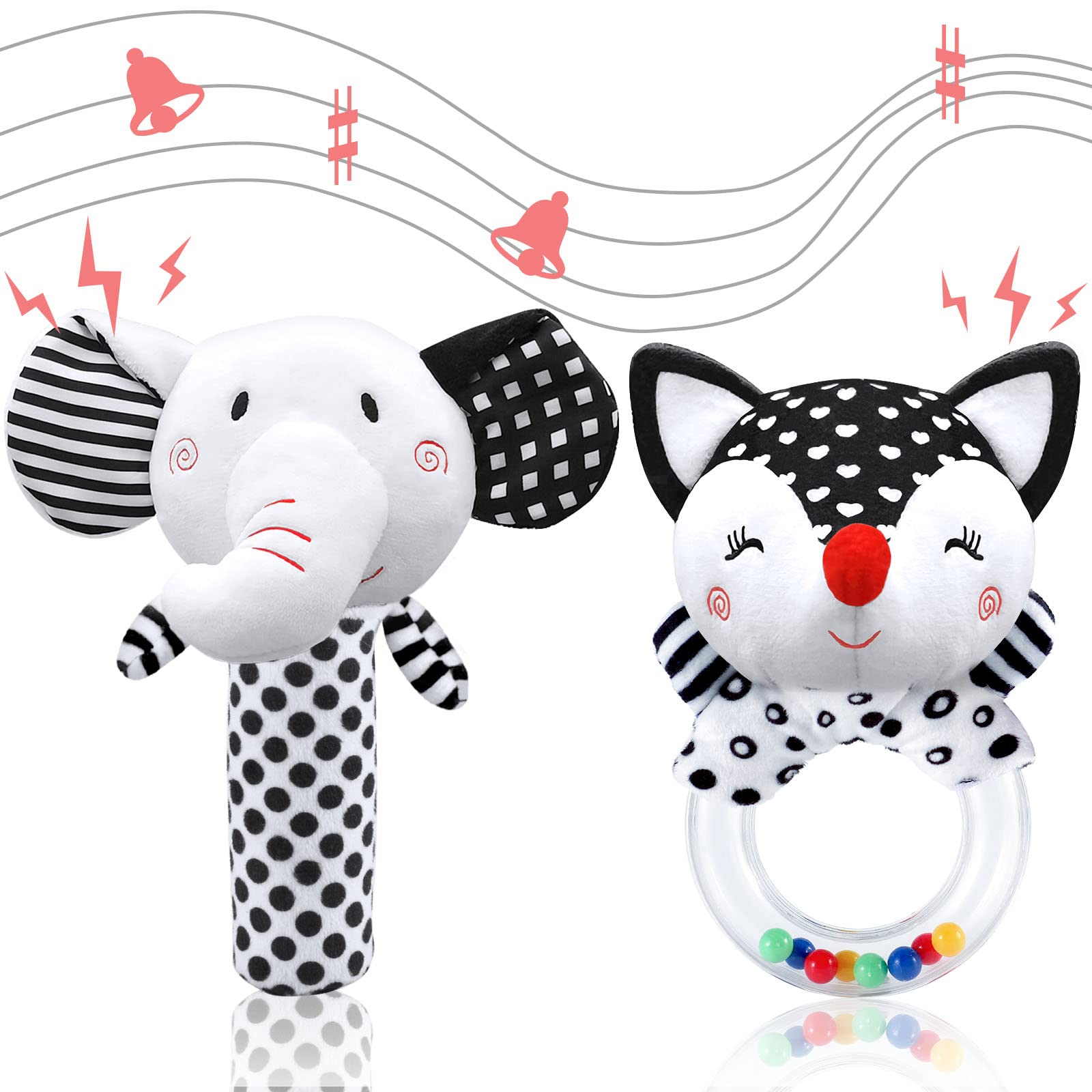 High Contrast Black & White Baby Rattles & Plush Toys for Newborns 0-3 Months - Sensory Development & Early Learning Infant Toys for Crib, Stroller & Playtime