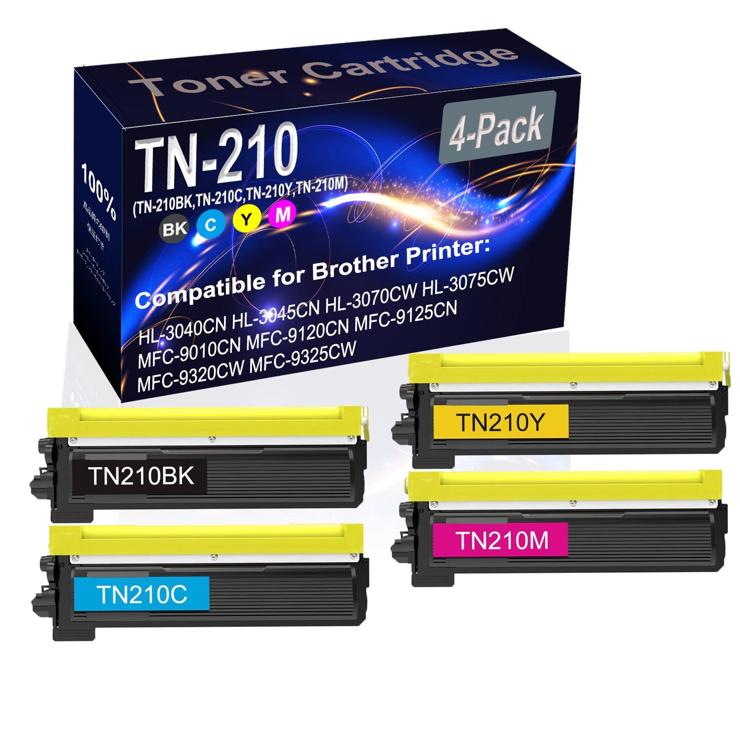 4-Pack High Capacity TN210 Toner Cartridge Replacement for Brother HL-3040CN/HL-3045CN (BK+C+Y+M) - Compatible with TN-210BK/TN-210C/TN-210Y/TN-210M - Ideal for Office & Home Printing Needs