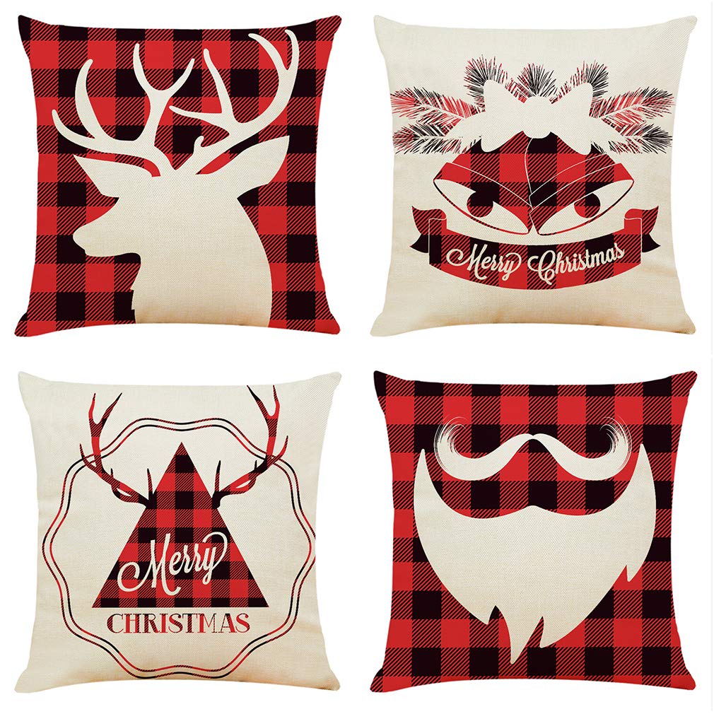 Acronde 4-Piece 18x18 Inch Christmas Throw Pillow Covers - Cotton Linen Square Cushion Cases for Sofa, Couch, Home & Car Decor (Holiday Red & Green) - Perfect for Living Room, Bedroom & Seasonal Festive Decorations