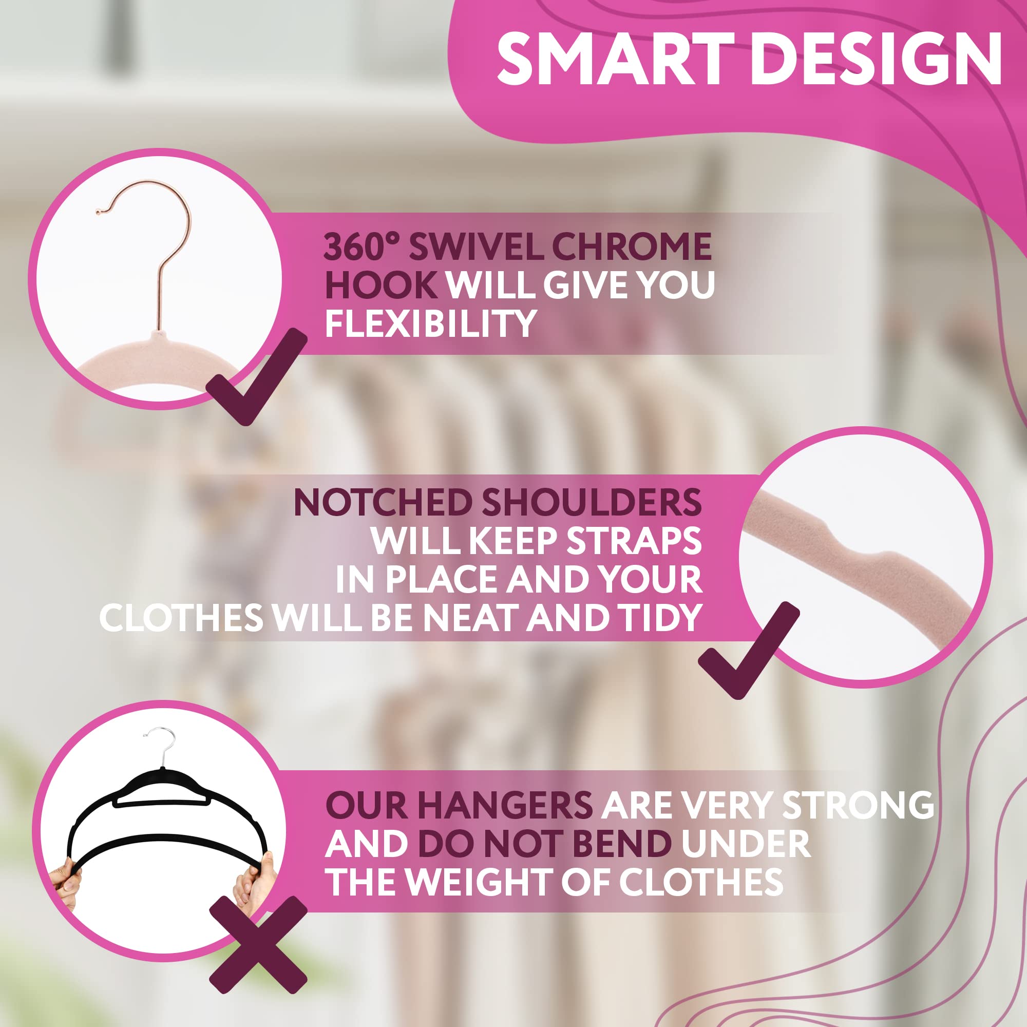 150 Pack Rose Thin Velvet Hangers - Non Slip Clothes Hangers with 360° Rotating Chrome Hook & Notched Shoulders | Sturdy Velvet Coat Hangers for Closet Organization | Perfect for Wardrobe, Retail Stores & Travel Packing
