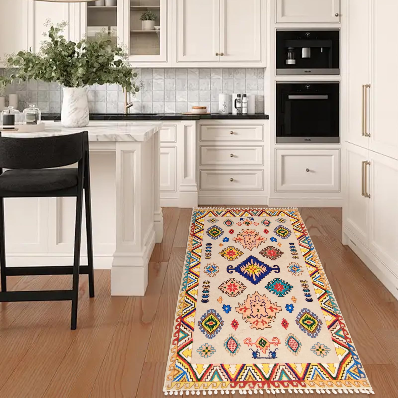 5Ft Boho Kids Bedroom Rug - Colorful Soft Faux Wool Plush Carpet with Ball Tassels, Washable Floor Mat for Living Room, Bedside, Bathroom & Doormat Use - Yellow
