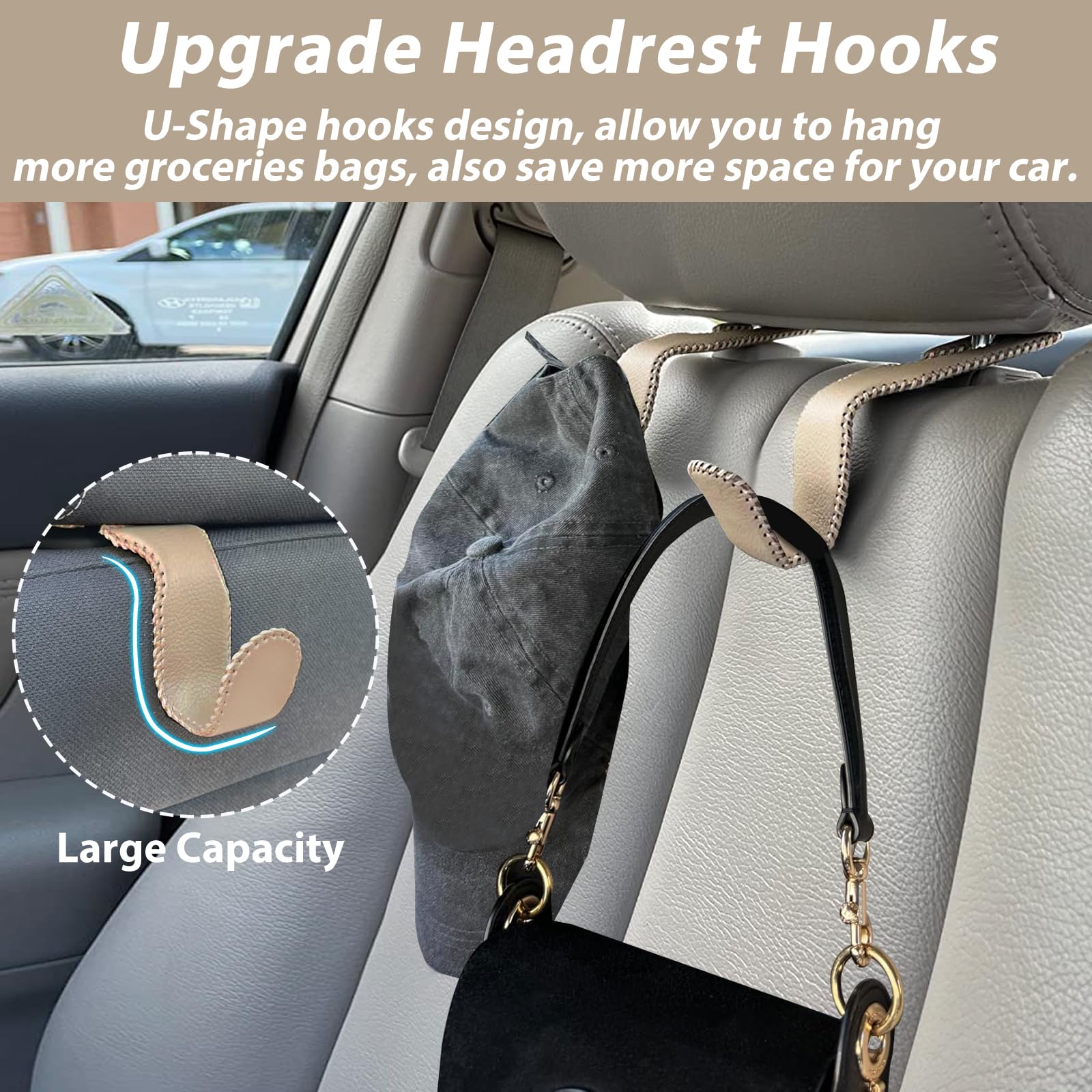 Car Purse Hook - 2 Pack Leather Headrest Hanger for Purses & Bags (Beige) | Perfect for Road Trips, Shopping & Keeping Your Car Organized